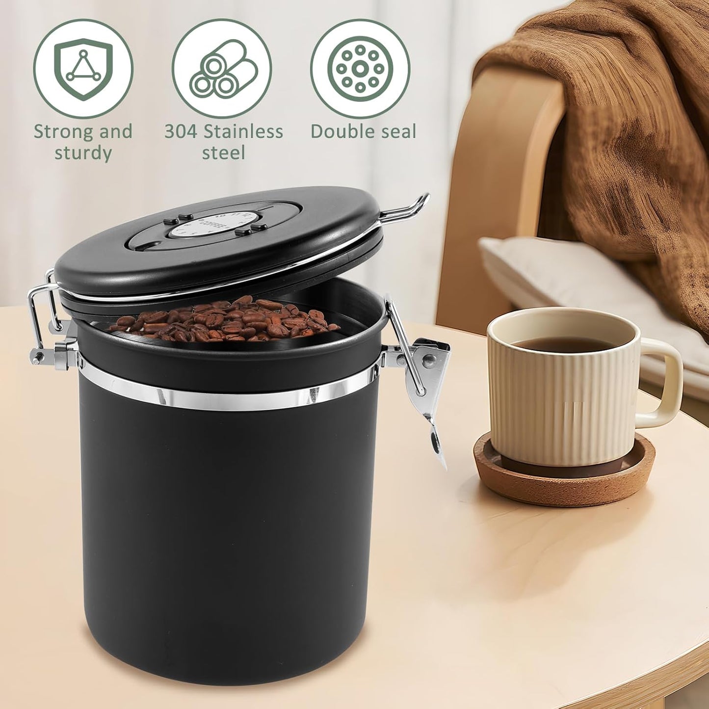 2Pcs Coffee Storage Canister 1.5L Double Airtight Coffee Beans Container with Date Locator 304 Stainless Steel Kitchen Food Storage Container with Spoon for Tea Sugar,Black (2)