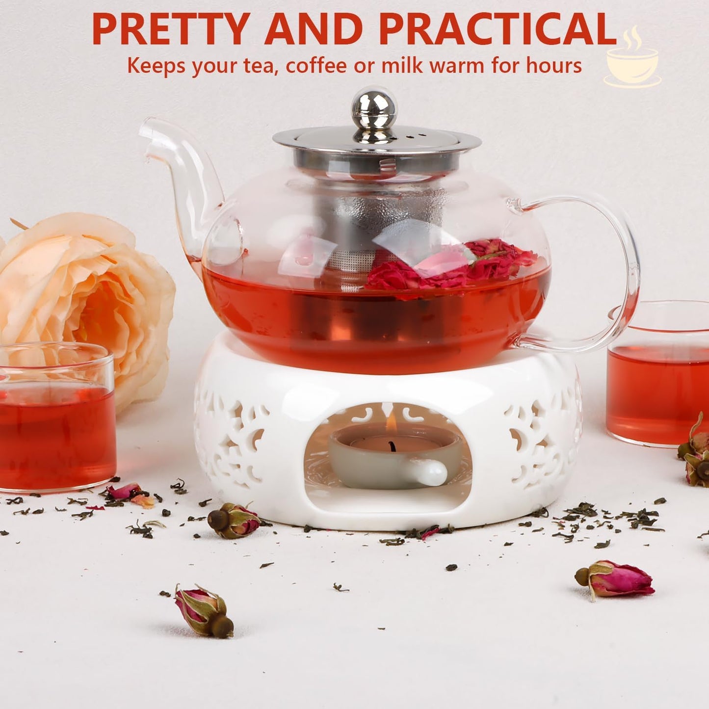 KAYCROWN Teapot Warmer, Ceramic Tea Warmer with Tealight Holder, Teapot Heater for Heating Tea, Coffee, Milk, Tea Light Warmer (White)