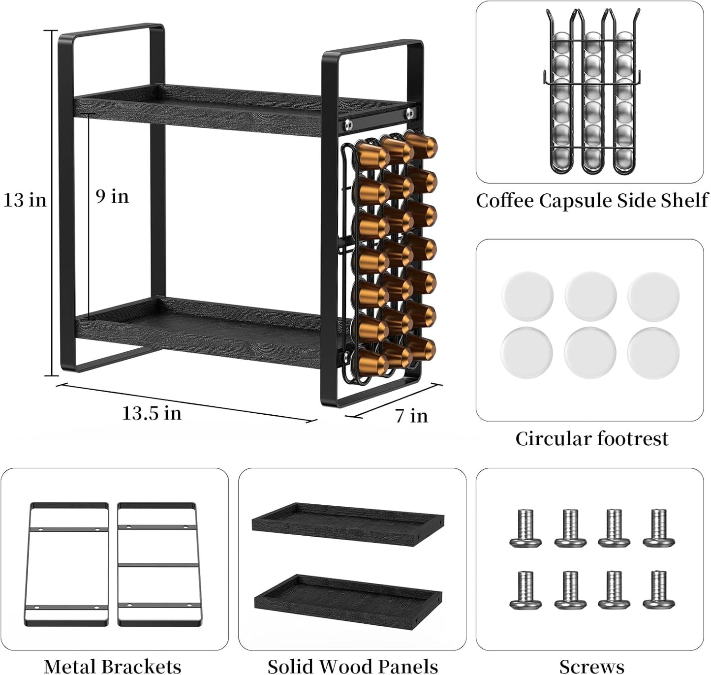 LEMIKKLE Coffee Station Organizer,Compatible with Nespresso Classic Pods 24pcs,Coffee Bar Accessories and Cup Storage Organizer, Wood Counter Shelves for Kitchen, Office, Countertop（Black
