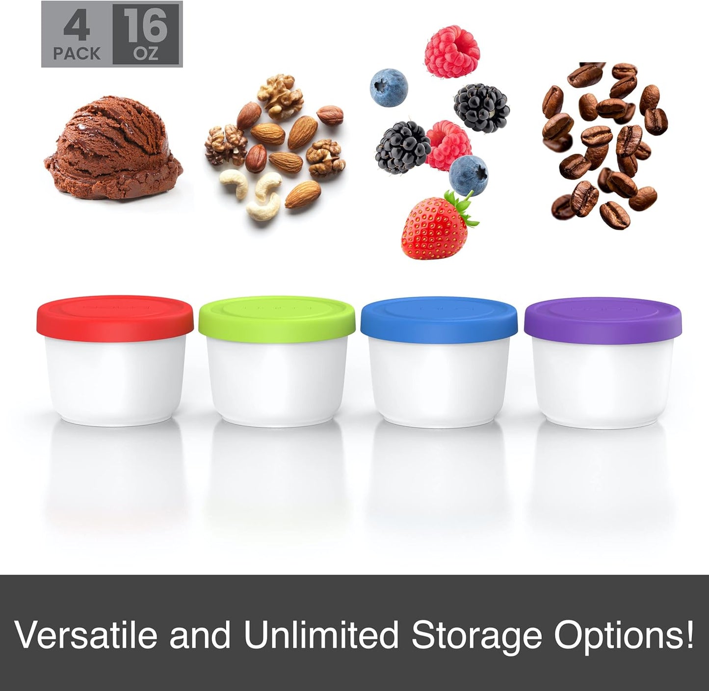 BALCI - 16oz Ice Cream Containers with Silicone Lids (Set of 4) - 1 Pint Each Freezer Food Storage Containers, Reusable, LeakProof, For Homemade IceCream Containers - Blue, Red, Green, Purple