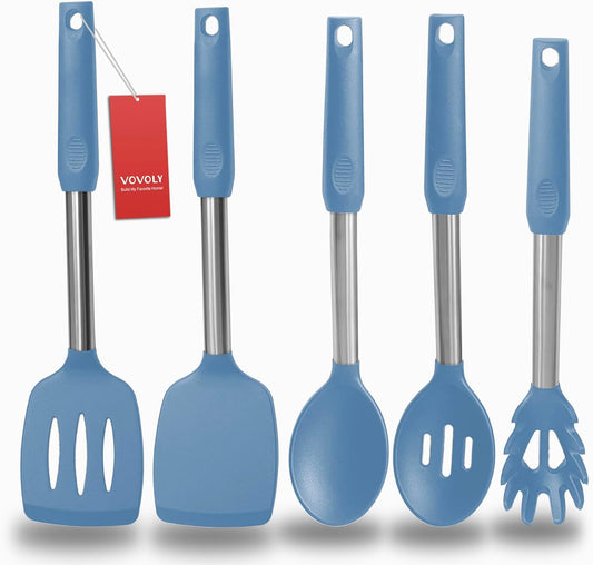 Silicone Spatula and Cooking Spoon,5 Pack Solid & Slotted Spoons and Spatulas High Heat resitant for Kitchen, Stainless Steel Handle Coated with Silicone, Non Stick Utensil, Starry blue