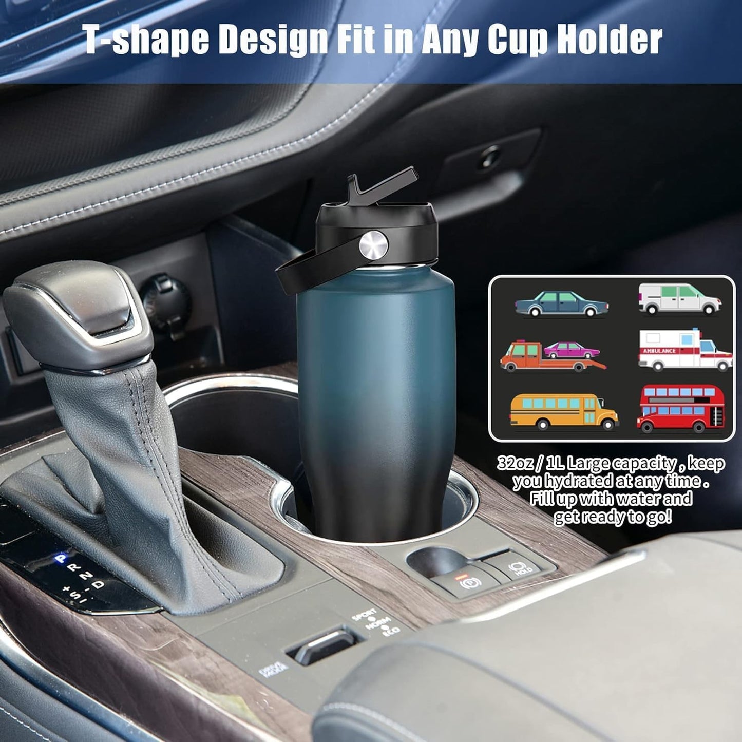 HYDROWION Water Bottle Stainless Steel,Vacuum Insulated Leak Proof Tumbler 32oz with Straw Lid, Spout Lid and Flex Cap(Cold for 48 Hrs, Hot for 24 Hrs), Fit in Any Car Cup Holder, Wood