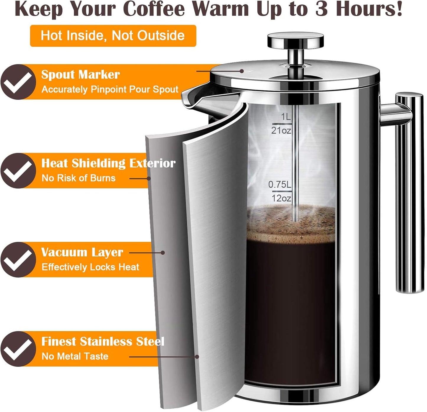 French Press, 600ml Double Insulated 304 Stainless Steel Coffee Tea Maker 4 Level Filtration System, No Coffee Grounds, Rust-Free, Dishwasher Safe for Single Use