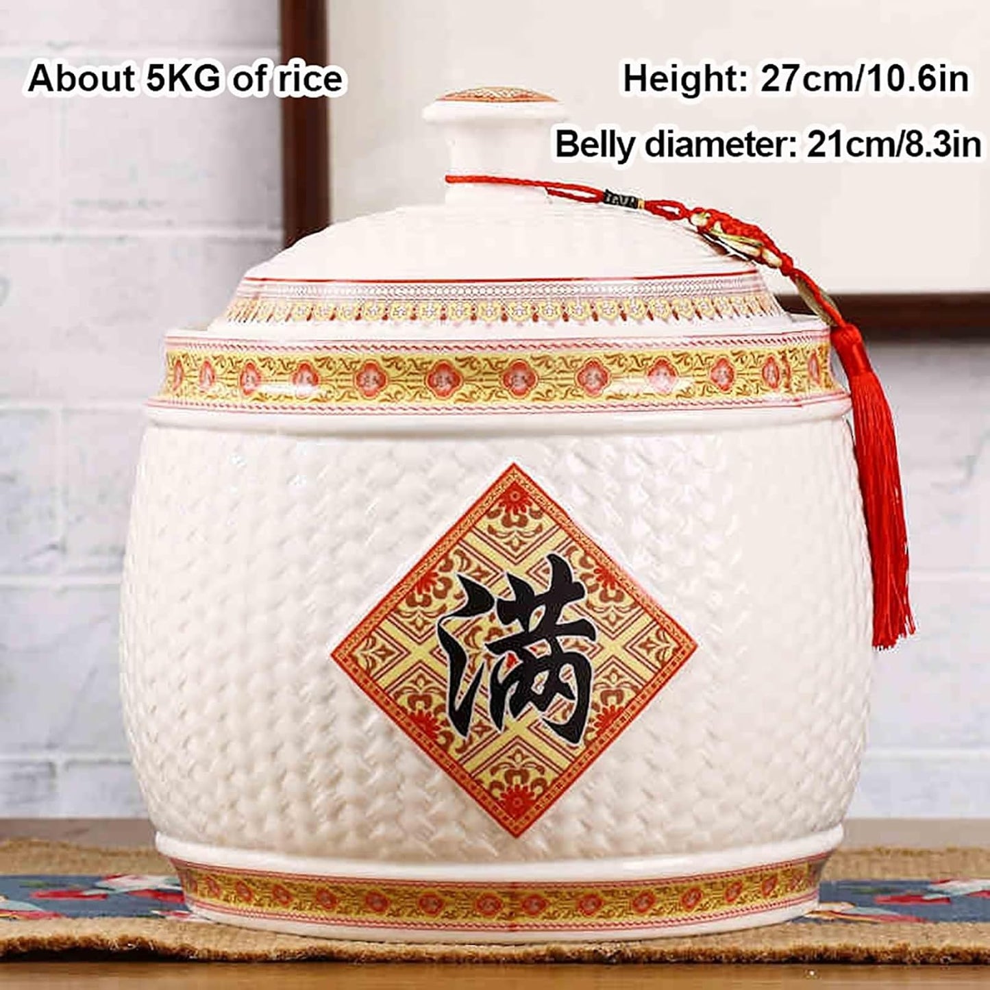 Chinese Sealed Large-Capacity Rice Pot, Ceramic Rice Bucket With Tassel Design, Grain Storage Ceramic Container, Rice Dispenser Airtight Storage Bucket For Grains Snacks Candy Coffee Beans Food(B,Capa