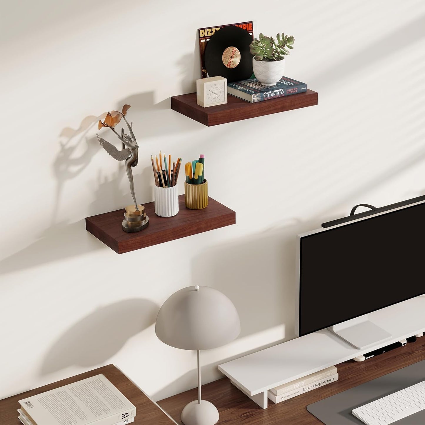 Floating Shelves for Wall, Real Wood Floating Shelf Set of 2, 8 Inch Deep Floating Shelves, Rustic Wood Wall Shelf for Home Decor, Deep Storage Shelves for Bathroom, Kitchen, 16"W x 8"D, Red Brown