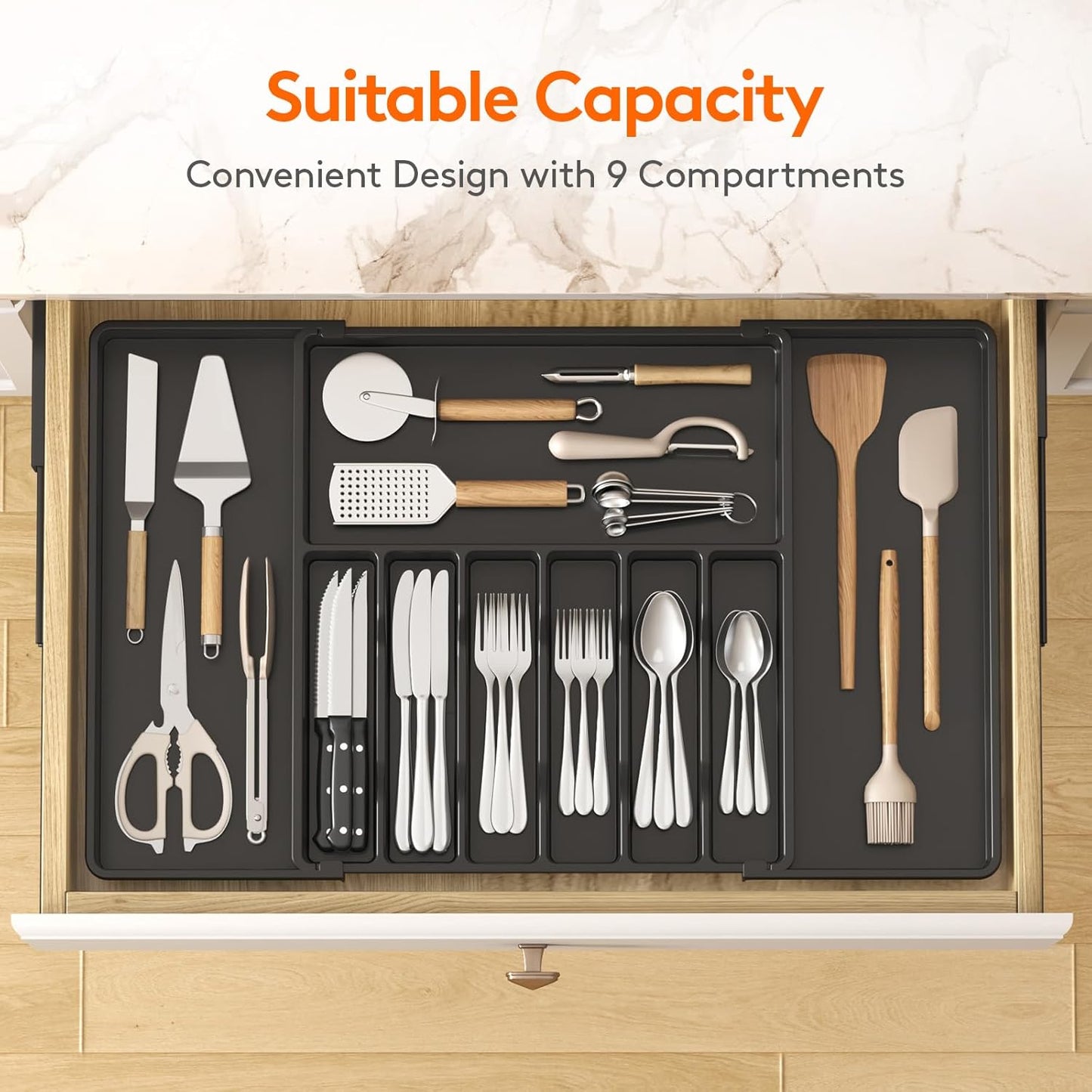 Lifewit Silverware Drawer Organizer, Expandable from 16.9 to 30 inches, Large Utensil Tray for Kitchen, Adjustable Cutlery Holder, Plastic Flatware Storage for Spoons Forks Knives, Black