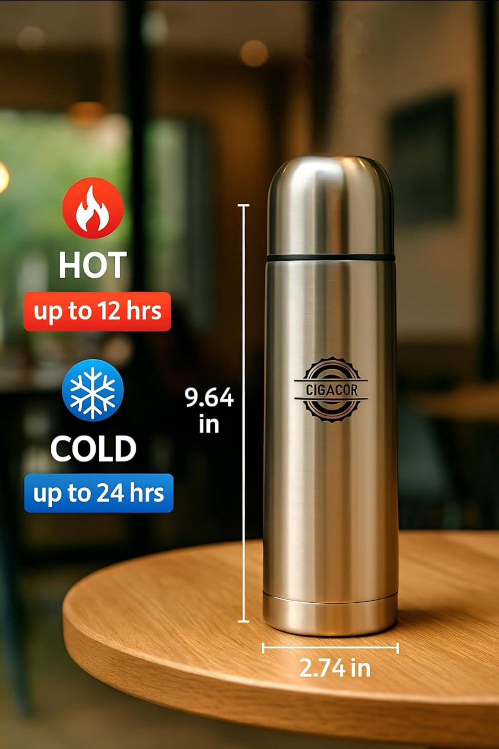 CIGACOR Stainless Steel Insulated Bottle – 17oz Coffee Travel Mug – Keeps Drinks Hot for 12 Hours & Cold for 24 – Leakproof Lid – Fits Car Cup Holders – Ideal for Office, Gym & Travel