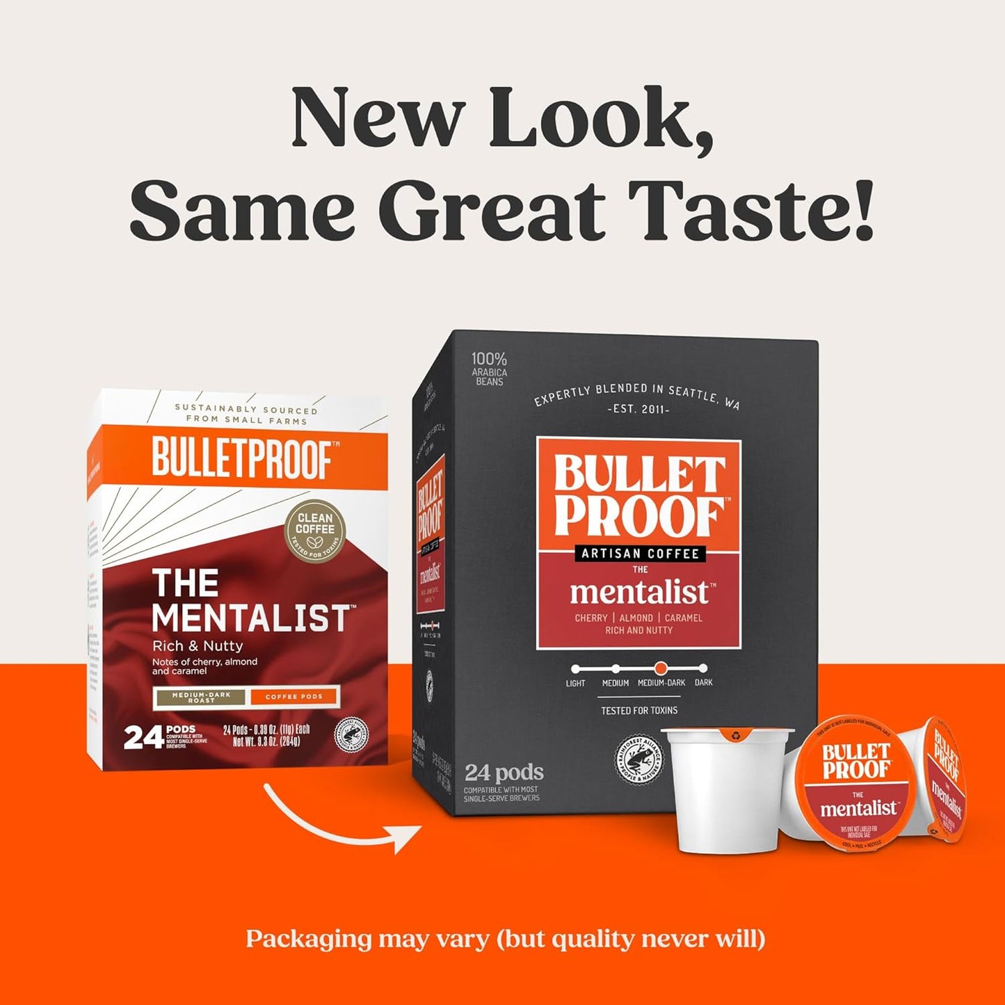 Bulletproof The Mentalist Medium-Dark Roast Single-Serve Pods, 24 Count, Clean Coffee Tested for Toxins, Packaging May Vary