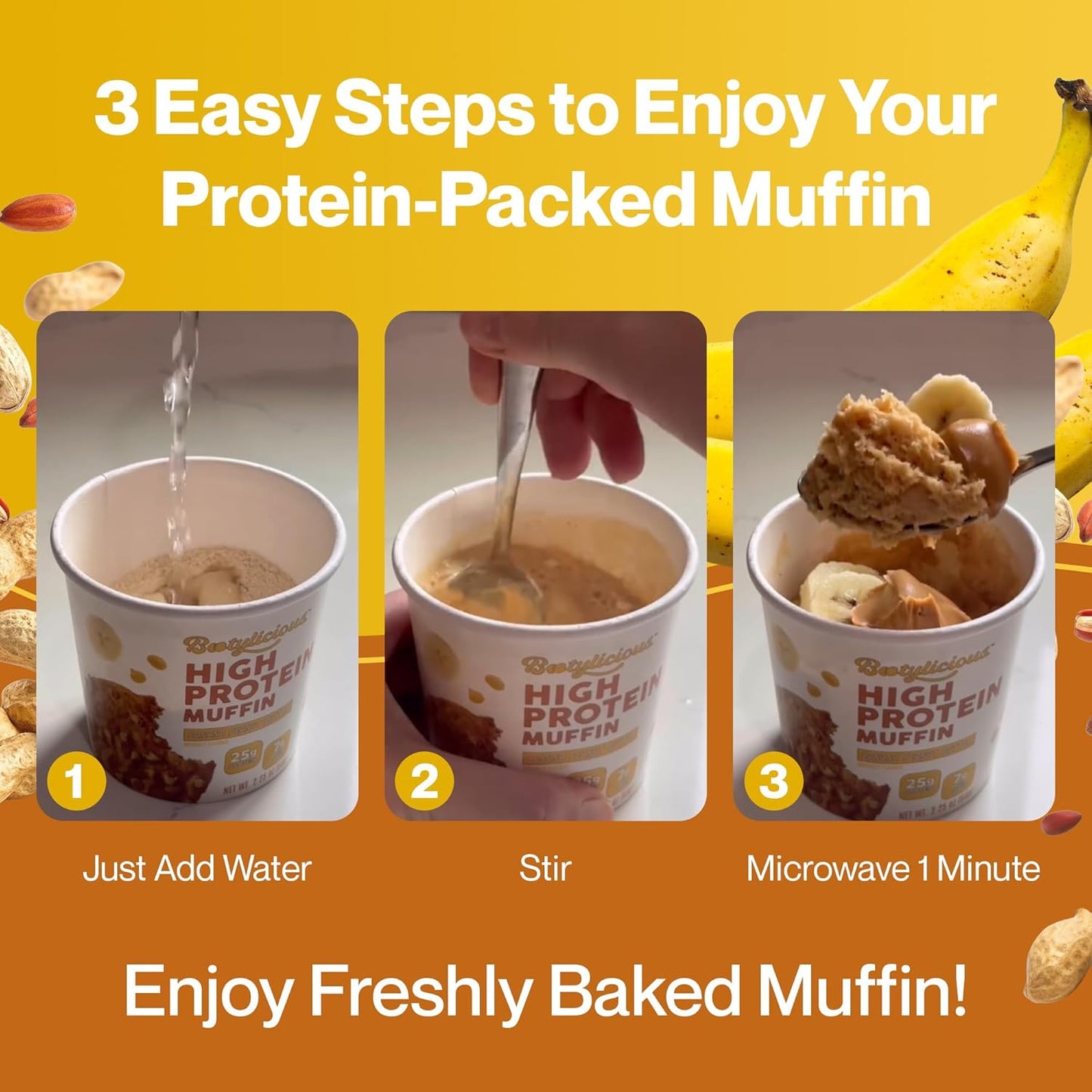 Bootylicious | High-Protein Muffin | 25g Protein, 7g Net Carbs, 2.32-2.75oz Cup, 12-Pack (Banana Peanut Butter)