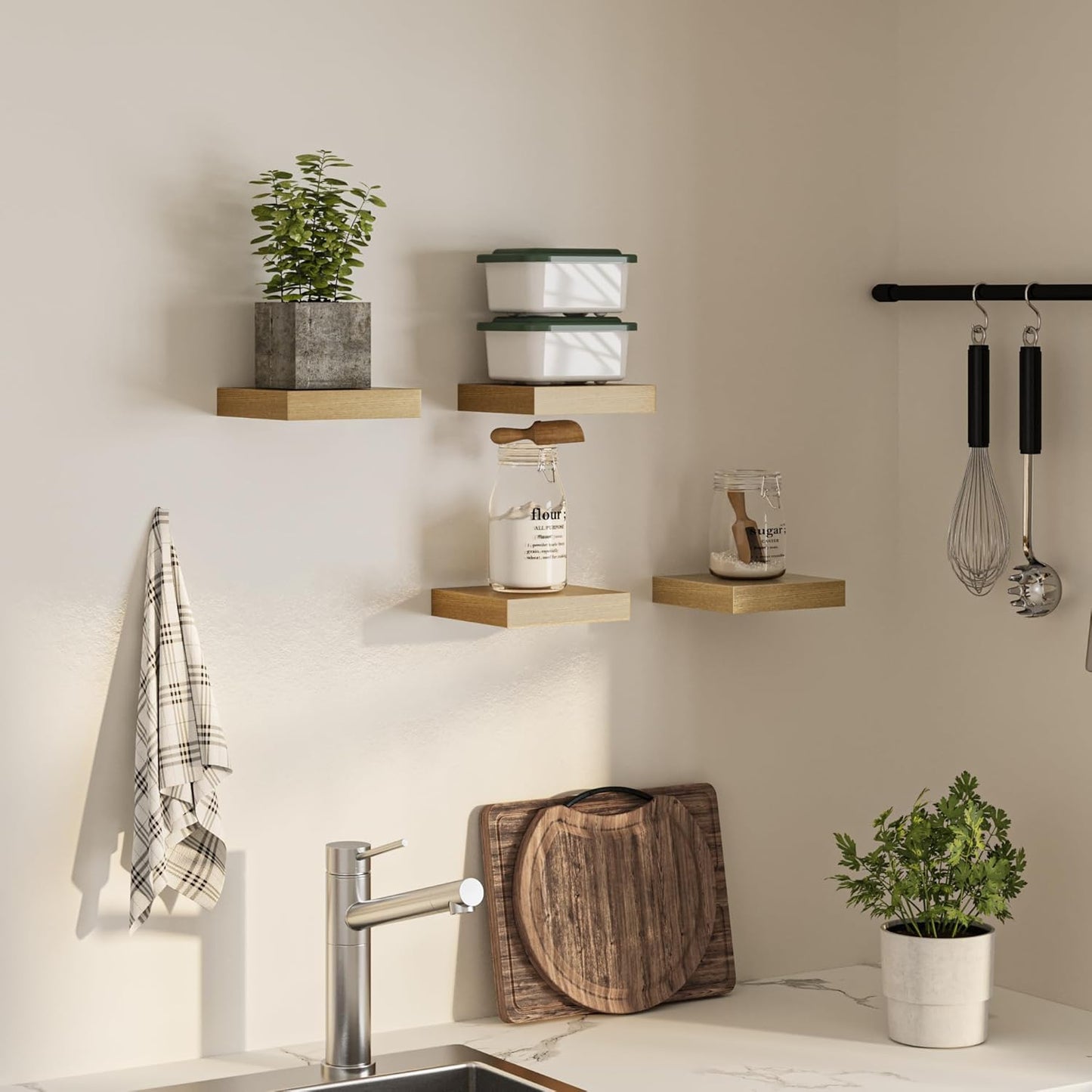 Square Floating Shelves for Wall, 8" W x 8" D x 1.2" H, Small Wooden Wall Mounted Display Shelves with Invisible Brackets for Living Room, Bedroom, Bathroom, Kitchen Decor, Set of 4, Oak