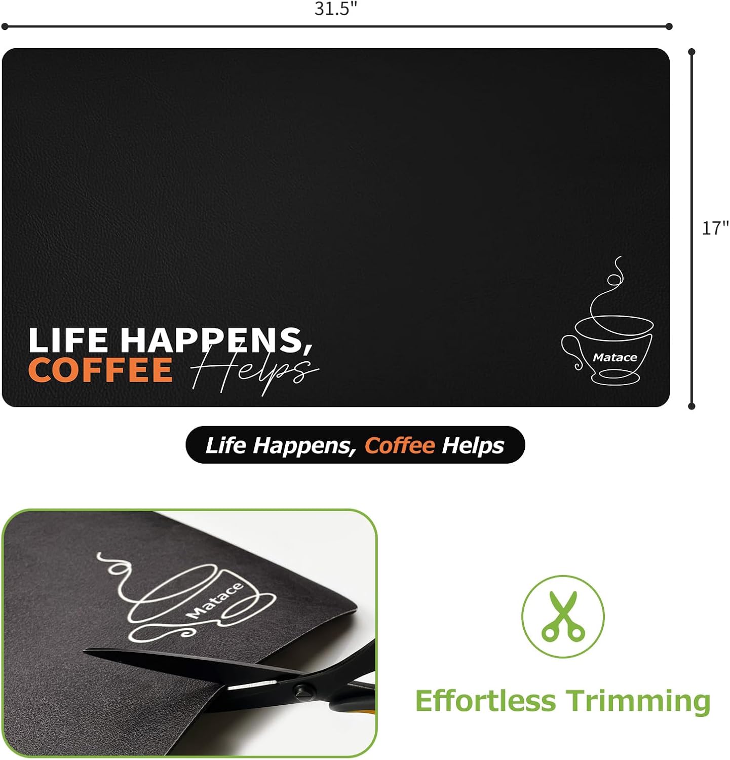 Matace Designer Coffee Bar Mat, Extra Large 17 x 31.5 Inches, Rubber Backing, Absorbent Coffee Maker Mats for Dish Drying, Kitchen Countertop, Life Happens Coffee Helps, Black