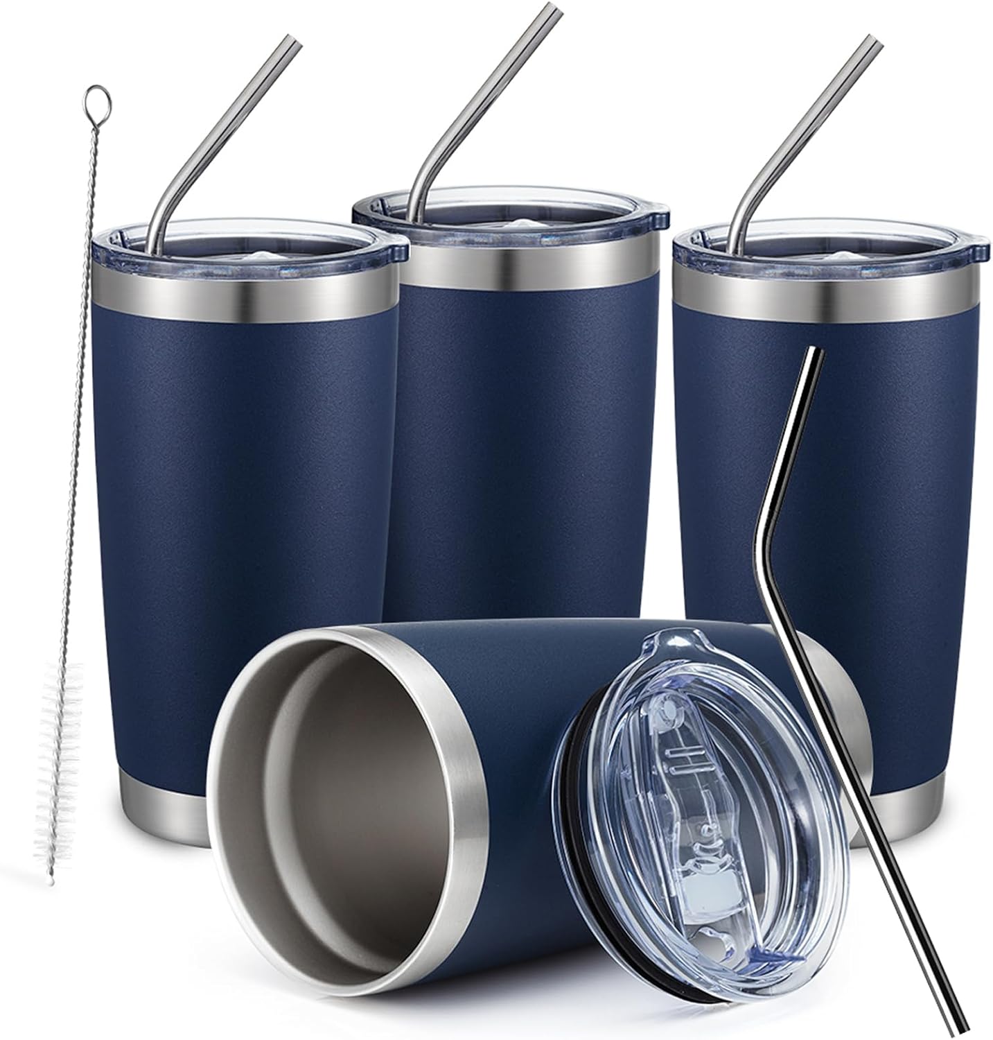 COMOOO 20oz Stainless Steel Navy Tumbler Bulk with Lid and Straw Insulated Coffee Tumbler Cup Double Wall Vacuum Travel Mug for Cold Drinks and Hot Beverage (Navy, 4 Pack)