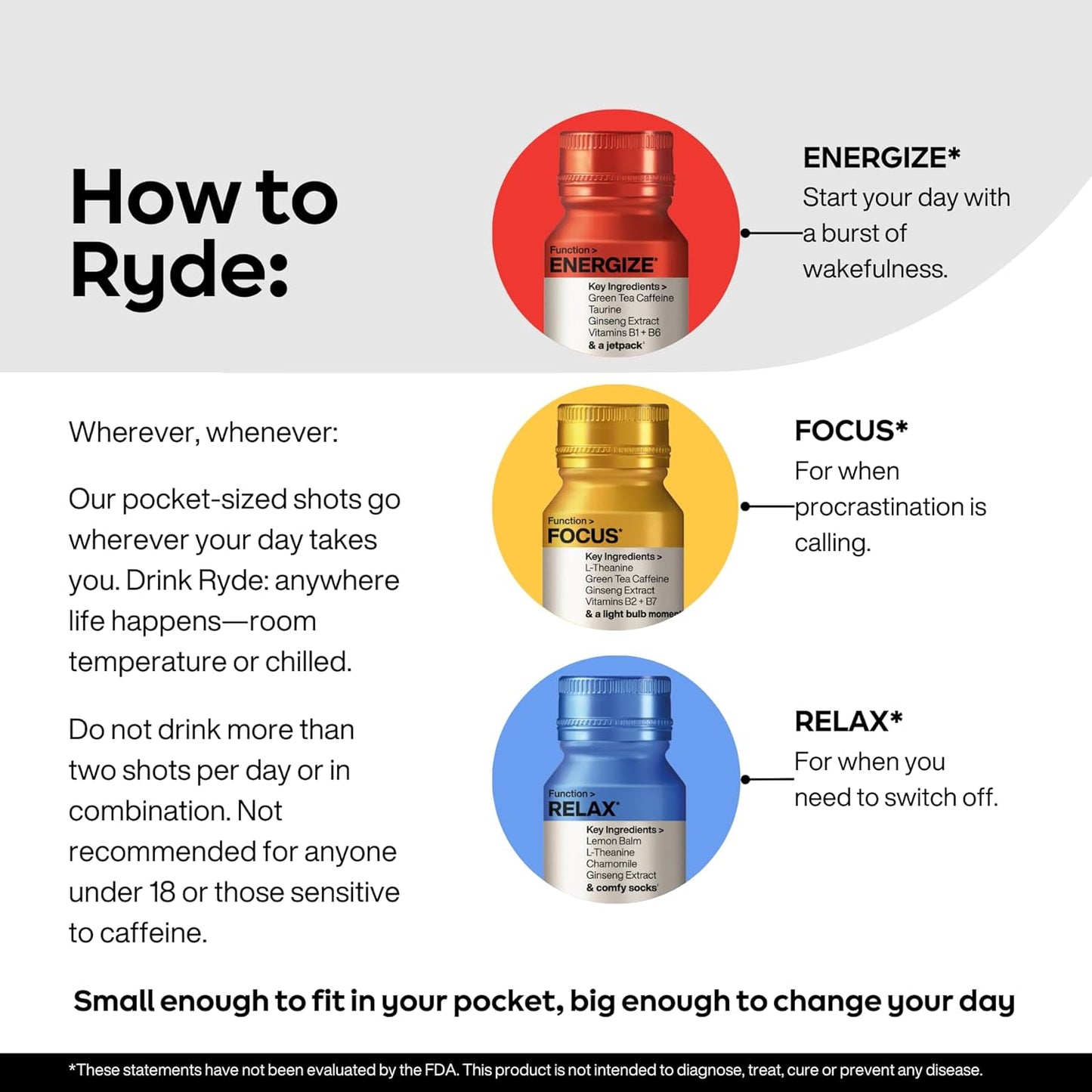 Ryde: Relax Shot | Raspberry Flavor | Lemon Balm, L-Theanine, Ginseng & Chamomile | 0 Calories, 0 Sugar | 2 FL OZ Shots | Helps You Relax* (8 Pack)