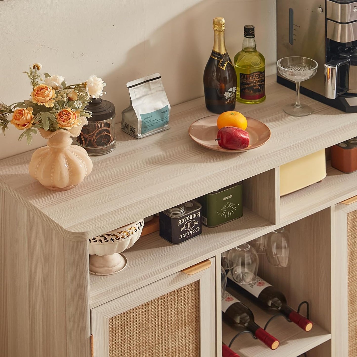 Lerliuo 47.2" Rattan Wine & Liquor Cabinet with 2 Doors, Boho Farmhouse Coffee Bar Station, Built-in Wine Racks & Storage, Adjustable Shelves for Living Room, Dining Room, Kitchen, Grey White