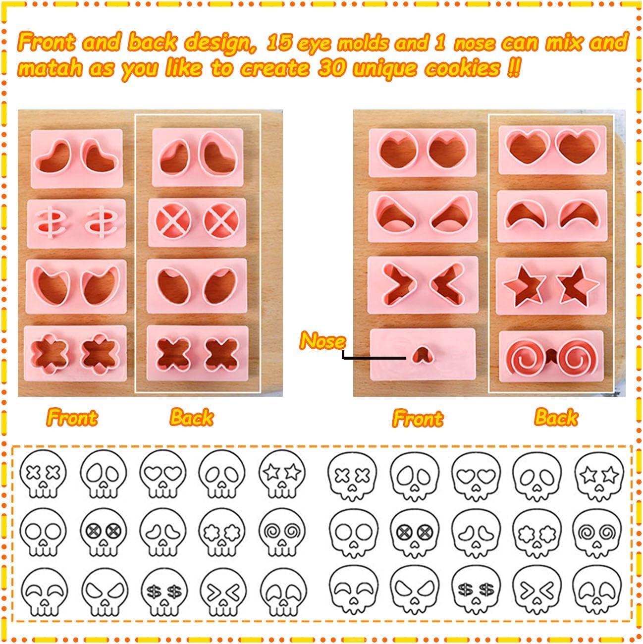 Mini Skull Cookie Cutter Set, Interchangeable DIY Halloween & Día de los Muertos Biscuit Stamps, 3D Raised Design Molds for Cookie Decorating, Cupcakes, Day of the Dead Pastries & Party Treats