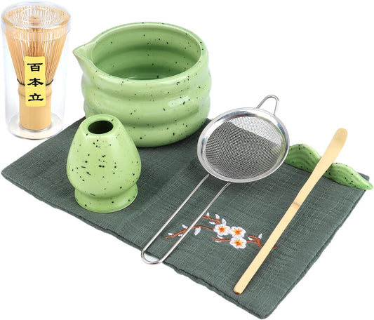 Goldmeet Matcha Set 7 Pcs Matcha Green - Japanese Tea Ceremony Kit with Bowl, Whisk, Holder, Scoop, Strainer - Matcha Gift Set