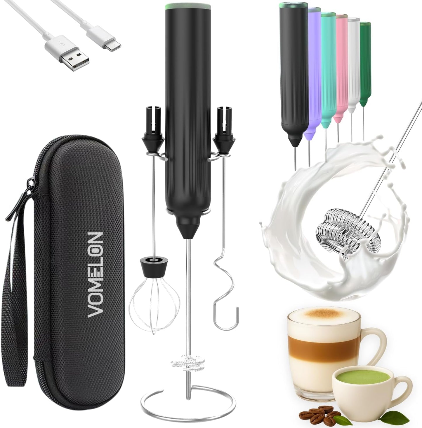 Milk Frother Handheld,3-Speed Rechargeable Coffee Foamer Drink Whisk with 3 Stainless Steel Heads Electric USB C Whisk for Coffee, Latte, Cappuccino, Hot Chocolate, Protein,Egg light Black