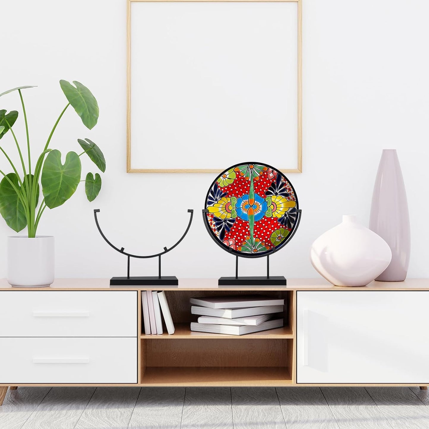 Blulu 4 Pcs 10 Inch Round Metal Display Stands for Stained Art Fused Glass Display Stands Decorative Fused Art Base for Plate Picture Platter Photo (Black)