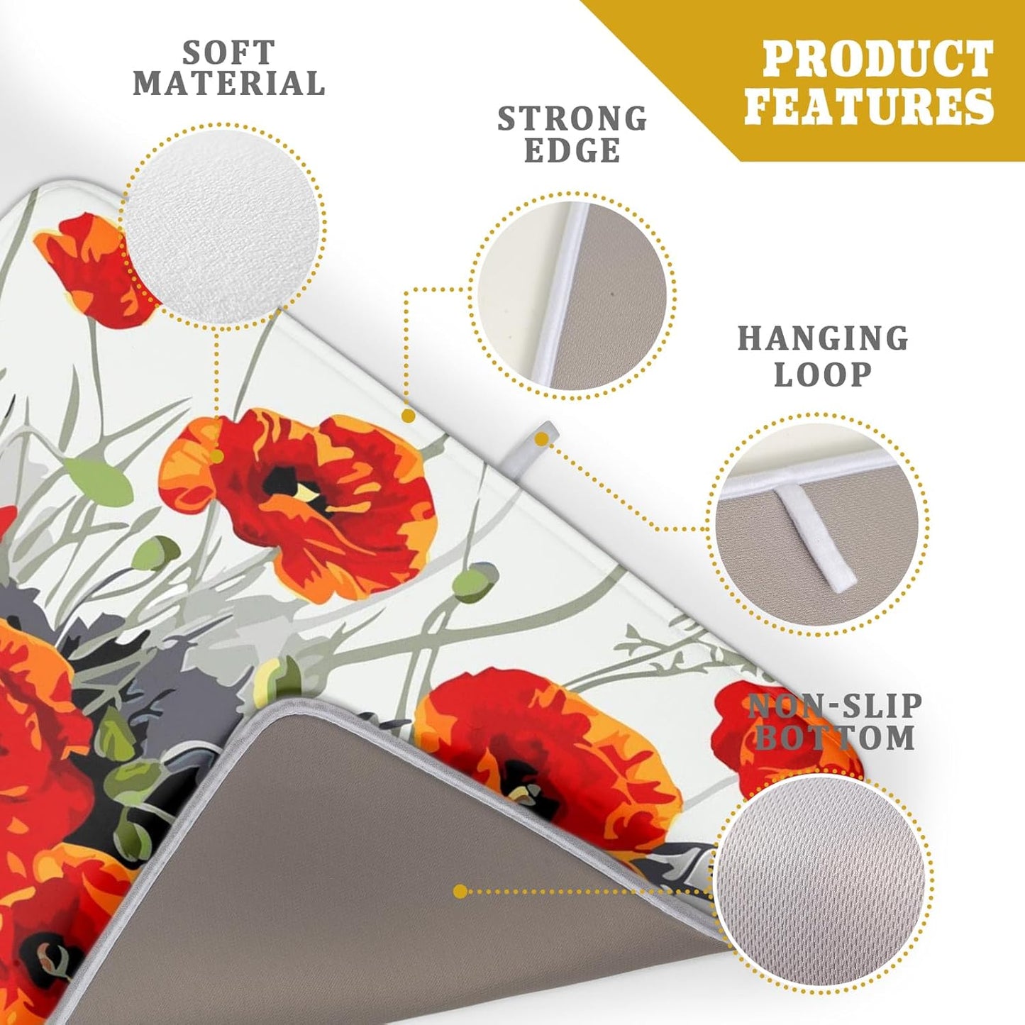 Poppy Dish Drying Mat 18x24 inch for Kitchen Vintage Red Orange Floral Dish Drying Pad Oil Painting Flower Dish Drainer Mats Absorbent Microfiber Protector for Countertop Coffee Bar