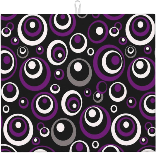 Purple White and Black Circle Pattern Dish Drying Mat, Absorbent Microfiber Decorative Kitchen Counter Mat, 16x18 inch Polyester, Absorption, Foldable, for Dishes Utensils Small Appliances, Home Decor