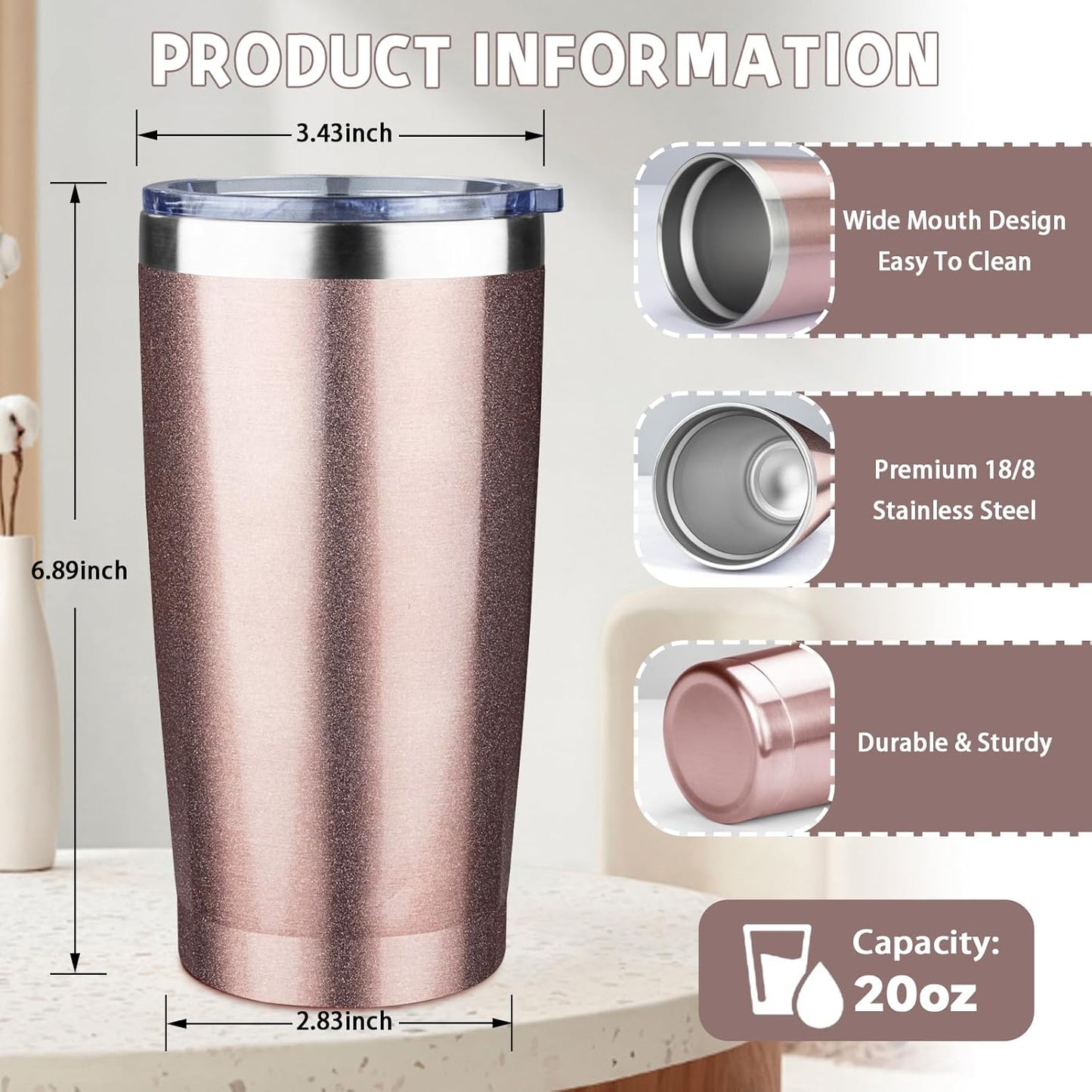 20 oz Tumbler with Lids and Straws, Stainless Steel Insulated Coffee Tumbler, Double Wall Vacuum Insulated Travel Mug Cup, Leakproof Thermal Coffee Cup for Hot and Cold Drinks (Rose Gold)