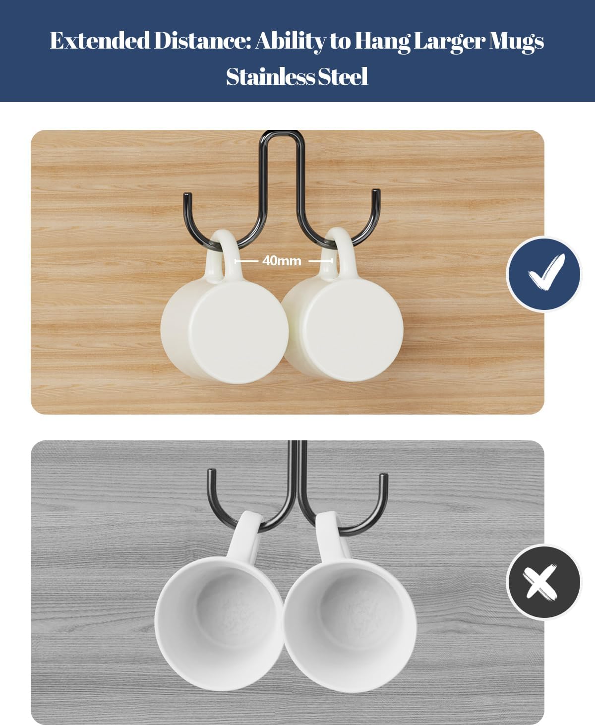 Mug Hooks Under Cabinet 3 Pack, Metal Cup Hooks for Hanging Under Shelf, Mug Organizer Rack with 12 Hooks for Displaying Mugs, Coffee Cups and Kitchen Utensils, Black