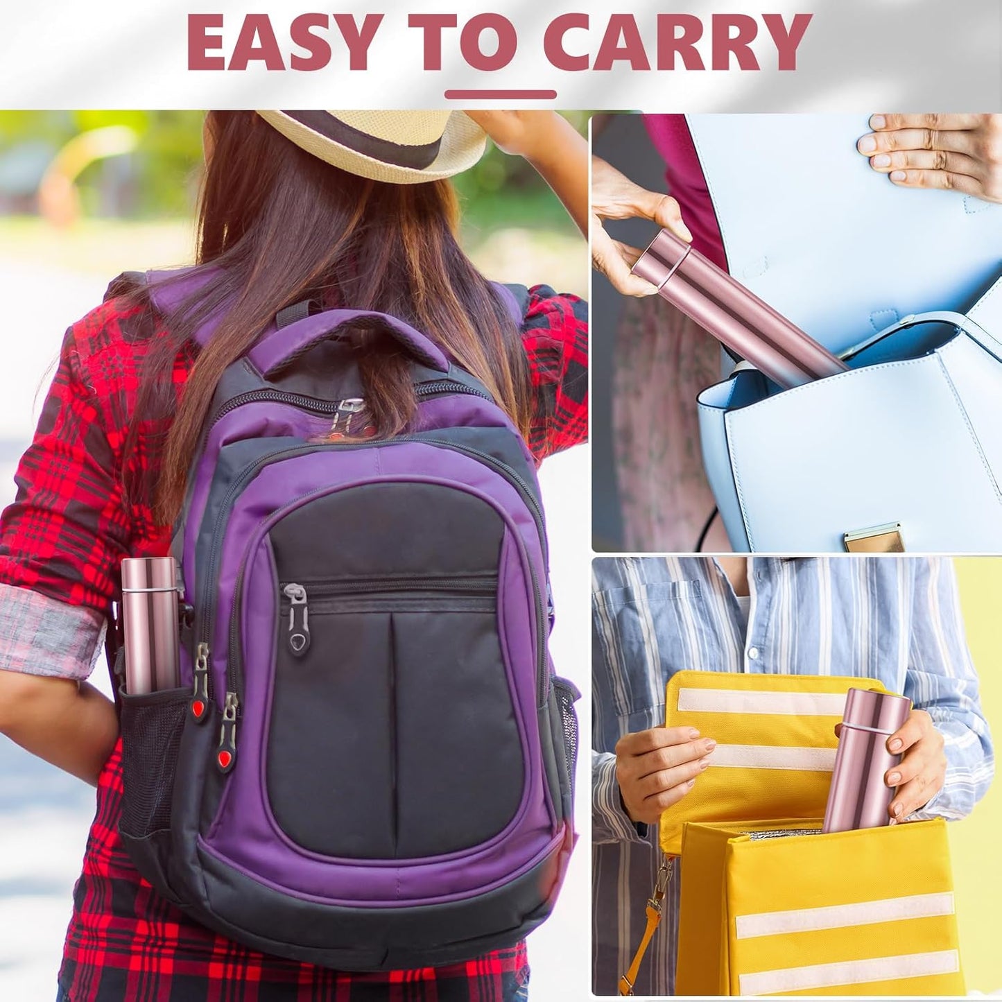 Vesici 1 Pack Slim Water Bottle 8.8 oz Small Stainless Steel Purse Compact Insulated Water Bottles Camping Travel Backpack Pocket Flask for Car Cold Coffee Tea (Rose Gold)