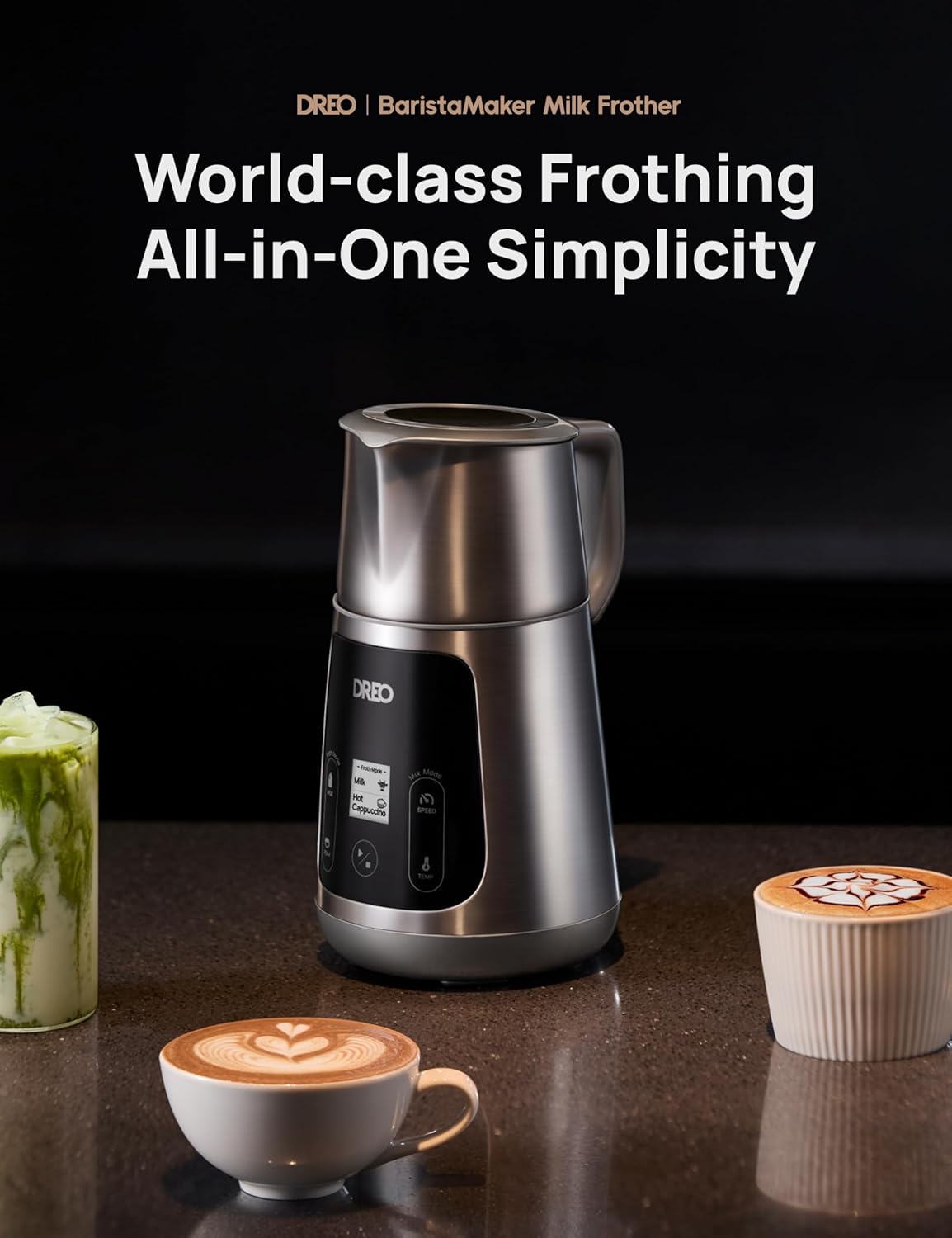 Dreo All-in-1 BaristaMaker Milk Frother, Electric Foam Frother for Latte Art Microfoam and Coffee, 15oz/450ml Automatic Milk Warmer with 30 Drinks, Dishwasher Safe, Dairy/Plant-Based Milk