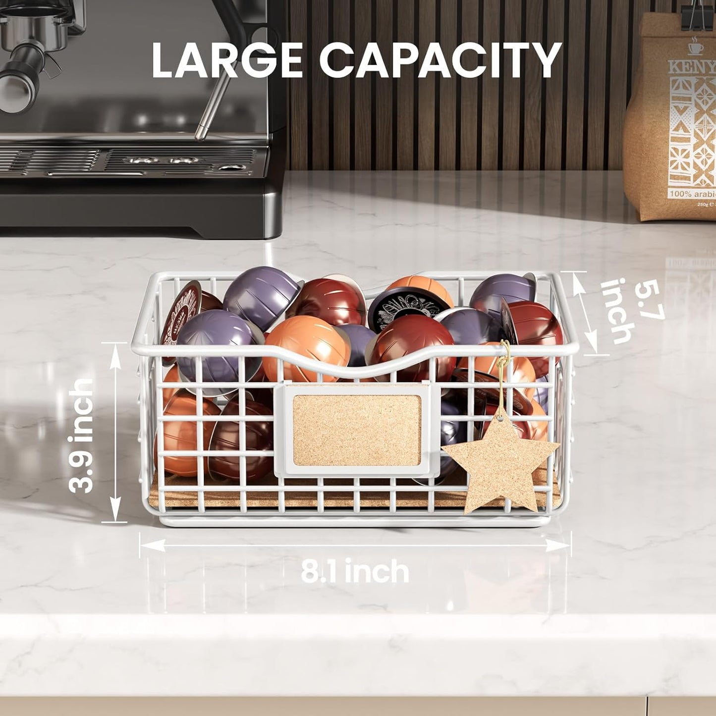 Coffee Pod Holder for Counter and Bar - Large Capacity White Wire Storage Organizer With Cork Liner - Bar Accessories