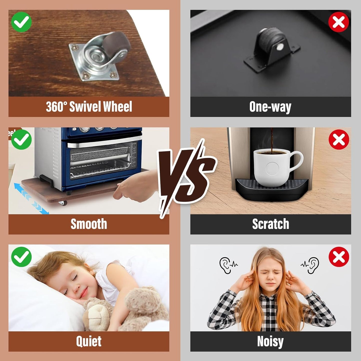 360° Appliance Slider Sliding Tray, Coffee Maker Rolling Tray for Counter Under Cabinet Coffee Pot Mat for Breville Ninja Espresso Machine, Toaster, Air Fryer, Quiet Wheels, Brown (Small 13"×9.4")