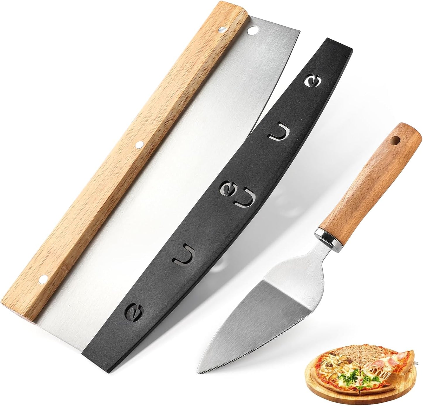 Pizza Cutter Rocker Blade with Wooden Handle and Guard, Sharp Stainless Steel Pizza Slicer, Dough Cutter Equipped with Pizza Spatula, Pizza Oven Accessories for Kitchen Commercial Use