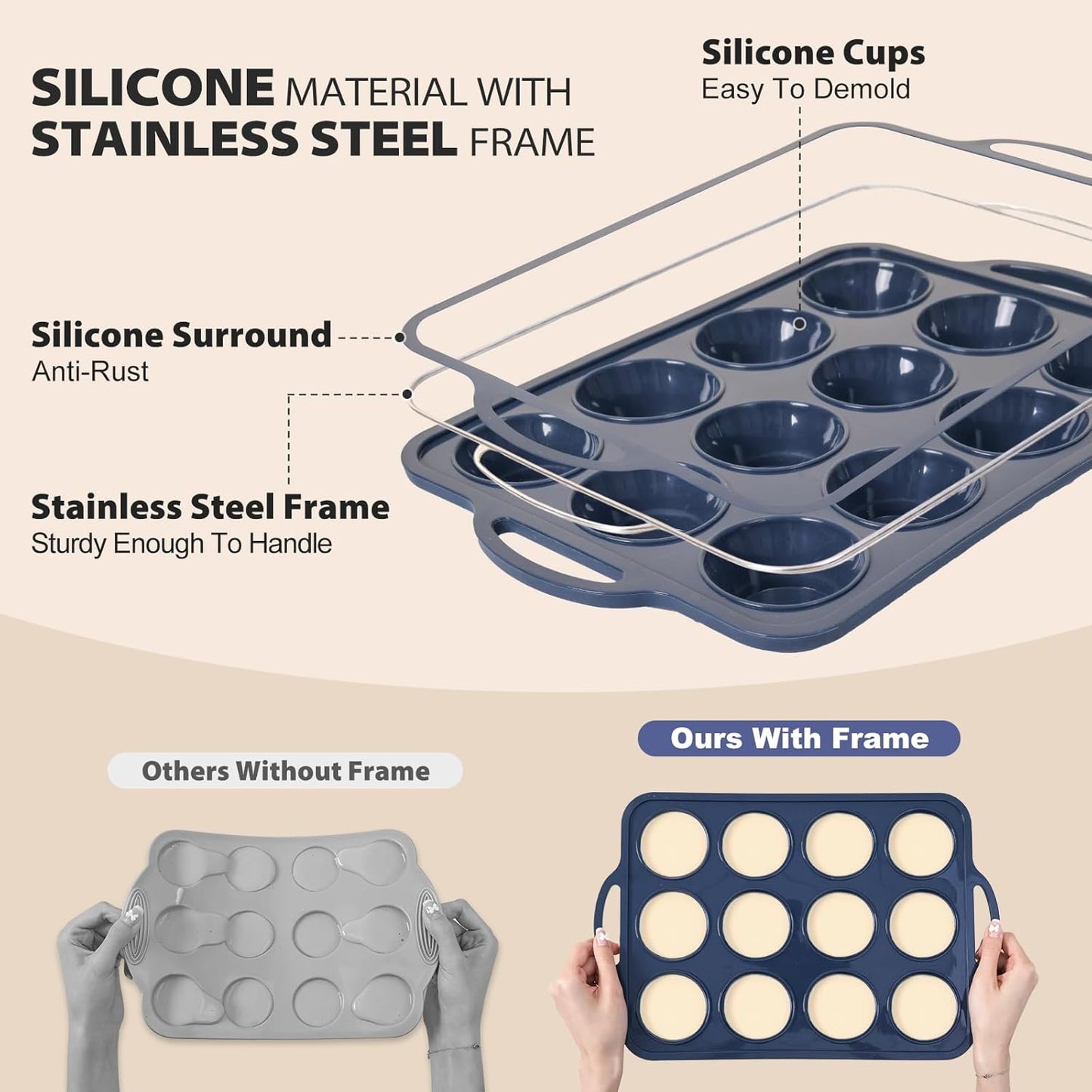 Silicone Muffin Pan with Metal Frame, Non Stick Silicone Cupcake Pan with Handles Regular 12 Cup, BPA Free Silicon Muffin Tin Tray for baking, egg bites, Cupcake Mold Grey