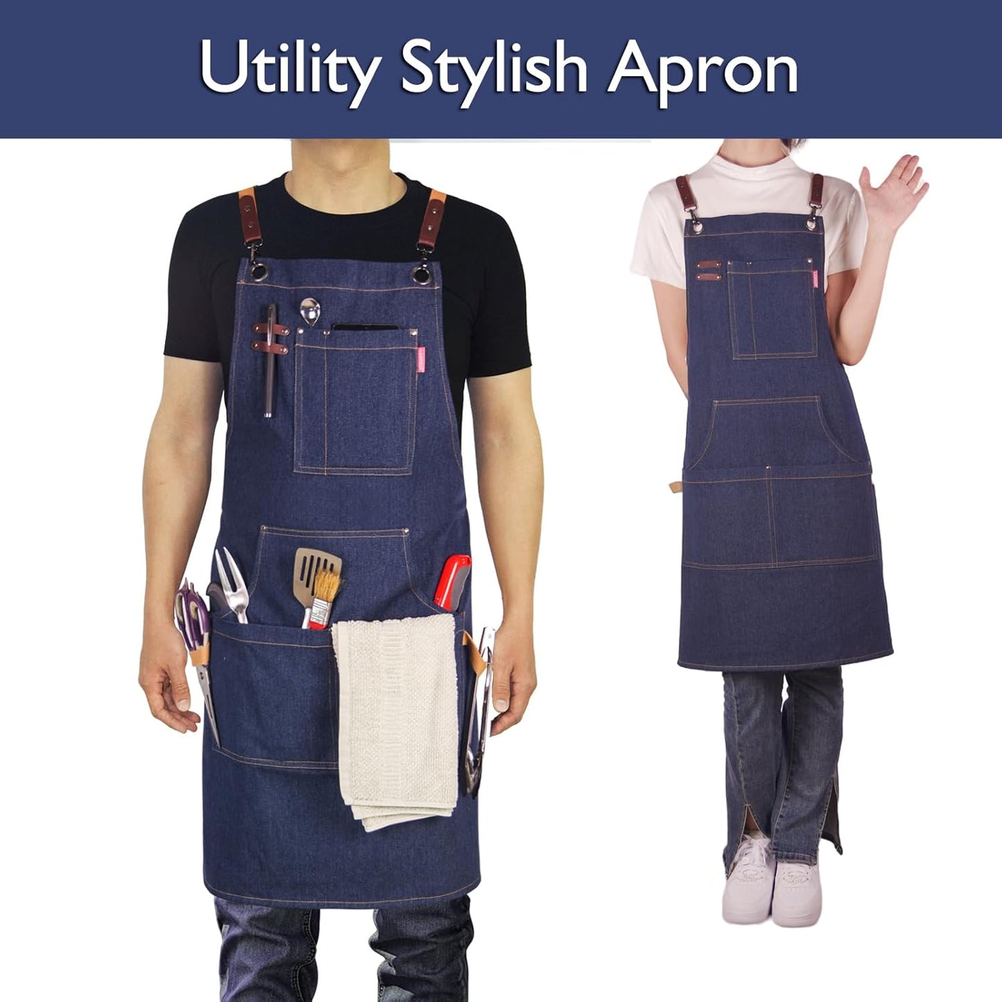 Kitchen Apron, Work Apron, Canvas, Multiple Pockets, Gardening, Painting, BBQ, Artist, Carpenter, Sizes M to XXL, Denim