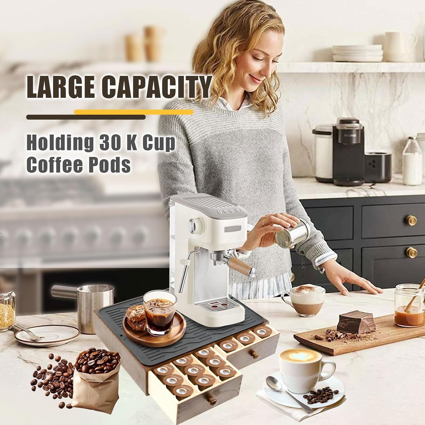 Wooden Coffee Pod Holder with Silicone Non-Slip Pad, Coffee Storage K Cup Organizer for Countertop, K Cup Drawer and Tea Organizer for Counter, Coffee Station Organizer (30 Pod Capacity)