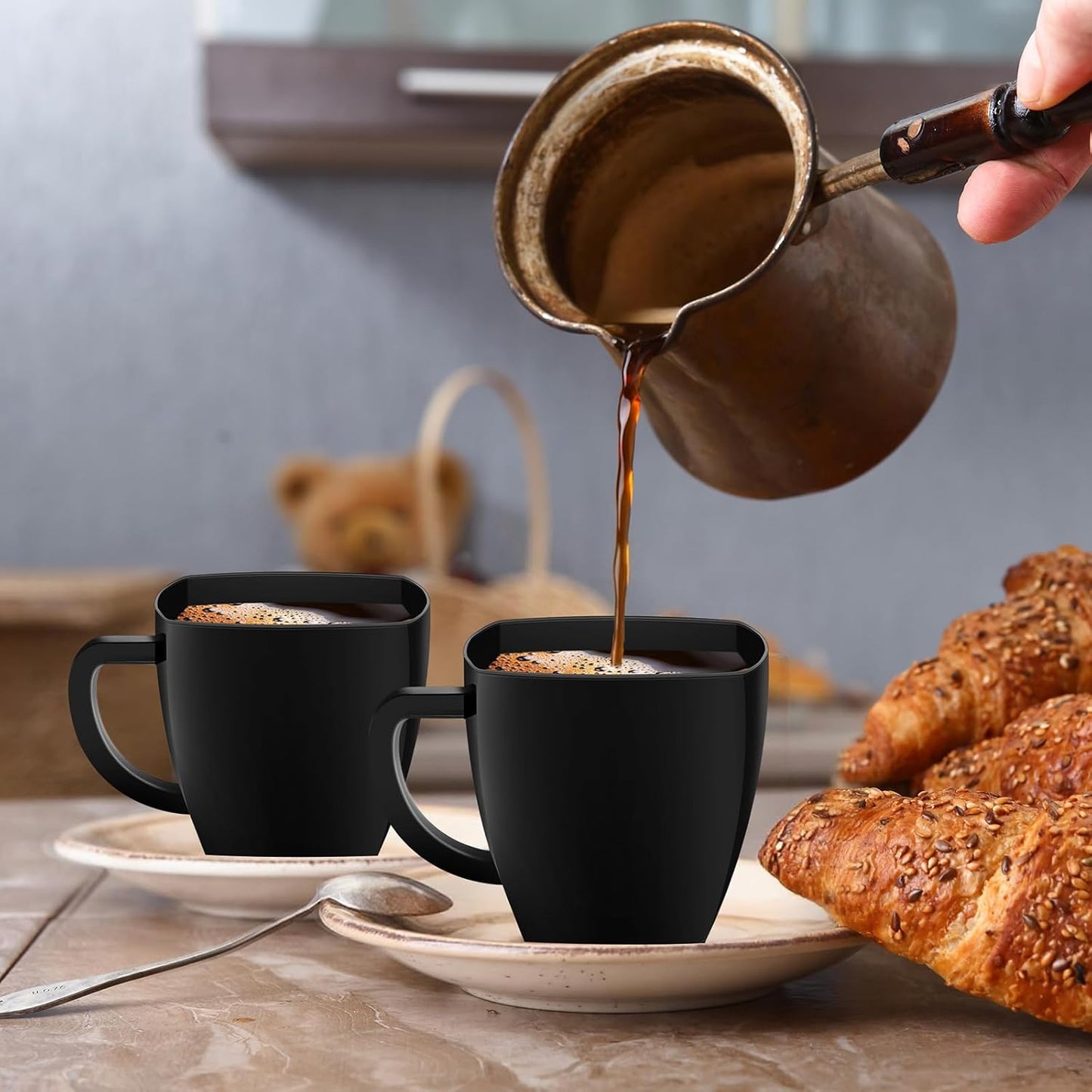 Amyhill 50 Pcs Disposable Tea Cups Mini Plastic Tea Cup Bulk with Handle Hard Plastic Coffee Mug Disposable Square Espresso Mug for Party Catering (Black)