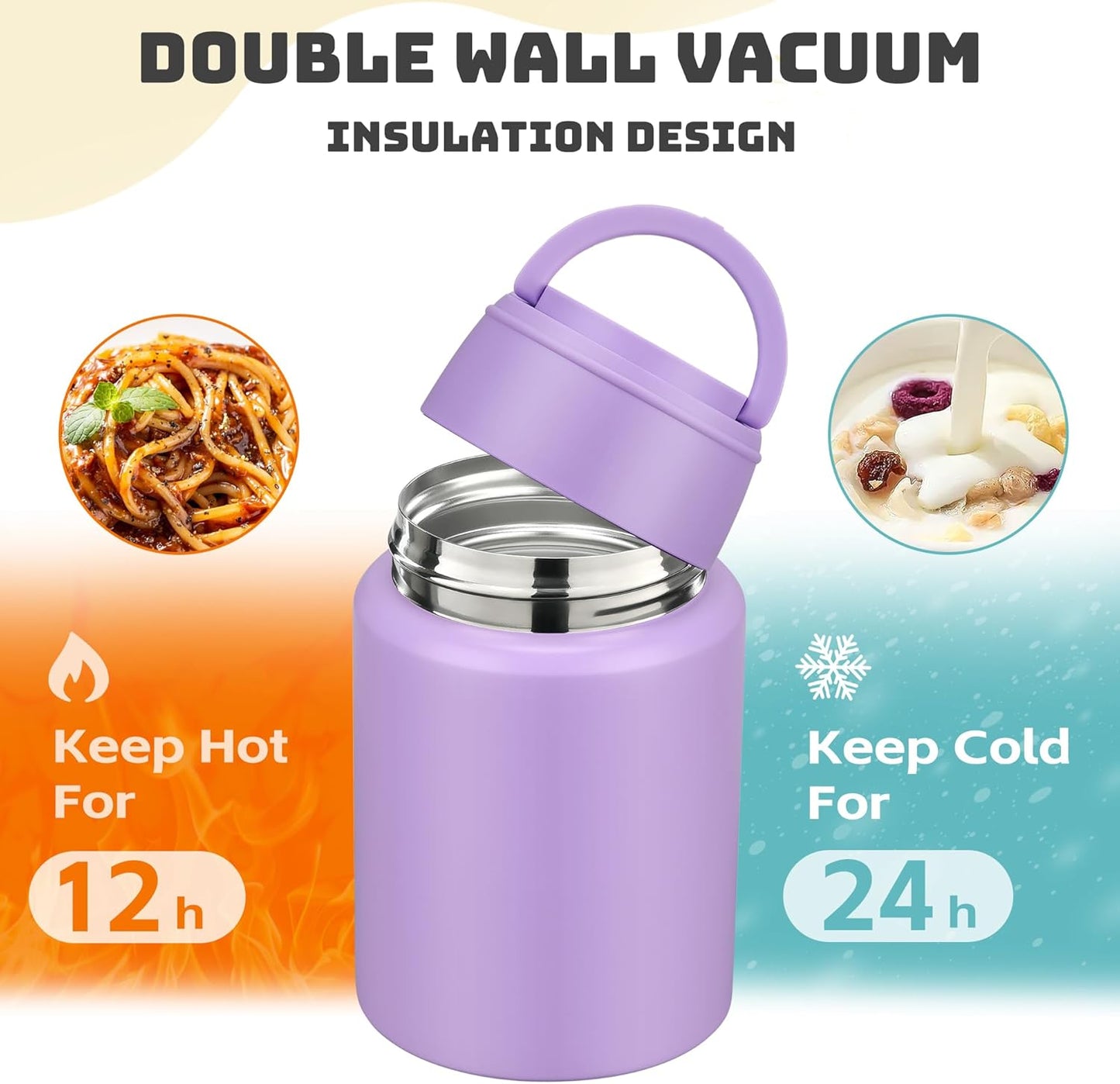 Soup Thermo for Hot Food Kids 16oz Insulated Food Jar Leakproof Thermo Lunch Container for Kids Wide-Mouth Stainless Steel Lunch Box for School with Handle Folding Spoon(3+)