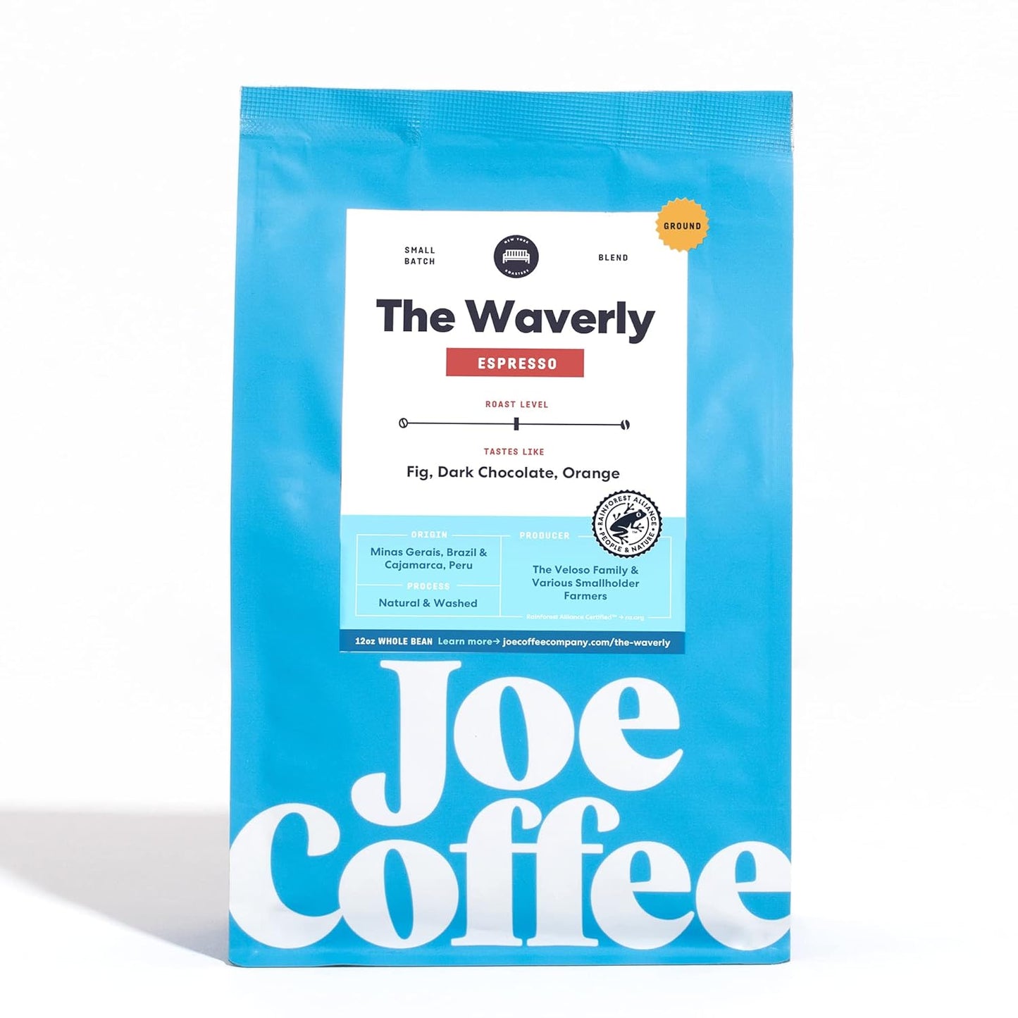 Joe Coffee Company (NYC Roaster), The Waverly Ground Specialty Coffee, 12 oz Bag, Rainforest Alliance Certified, Kosher, Climate Friendly