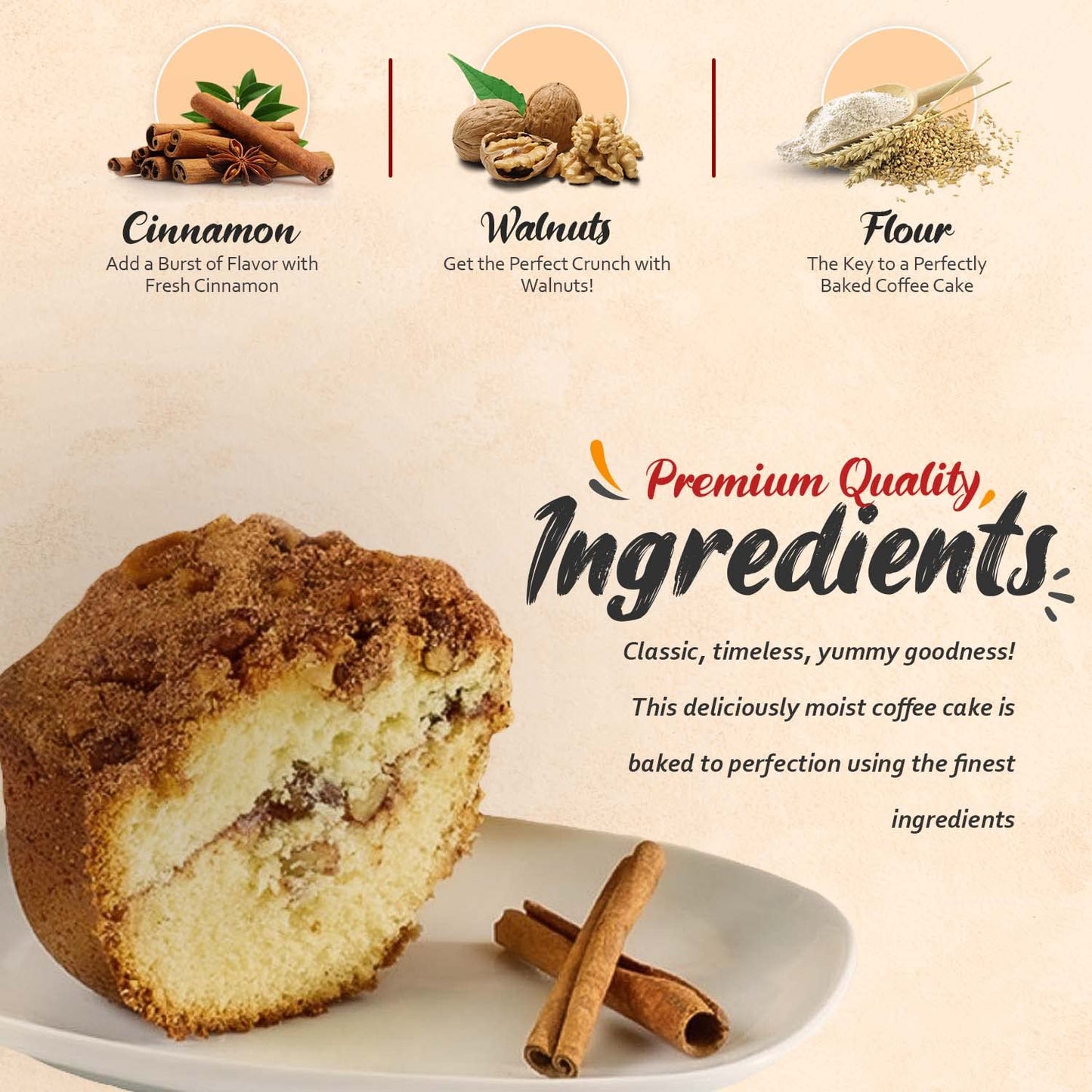 Traditional Cinnamon Walnut Coffee Cake - Cinnamon Streusel and Chopped Walnuts Toppings - Delicious Recipe of Coffee Cakes for Special Occasions - 1.75 Pounds