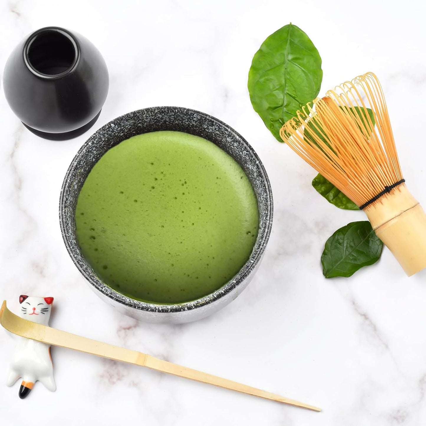 Matcha Tea Set, Matcha Accessories, Matcha Whisk Set Included Matcha Bowl, Bamboo Matcha Whisk, Scoop, Matcha Whisk Holder, Spoon Stand, Japanese Matcha Set for Beginners, Black