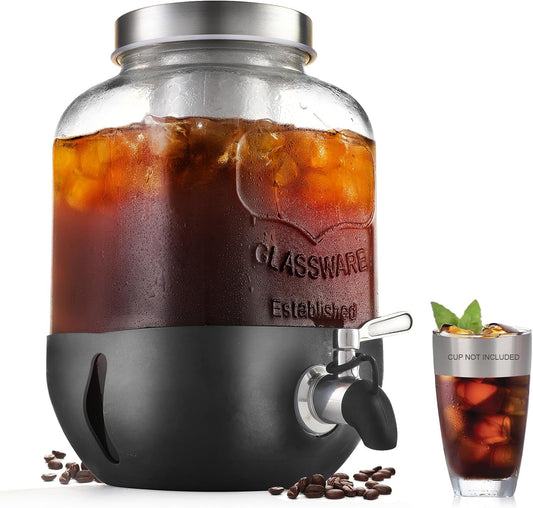 Cold Brew Coffee Maker, 1 Gallon Iced Coffee Maker With Stainless Steel Filter, Heavy Duty Glass Cold Brew Pitcher With Stainless Steel Spigot, Mason Jar Cold Brew Coffee Maker Fast Iced Tea Maker