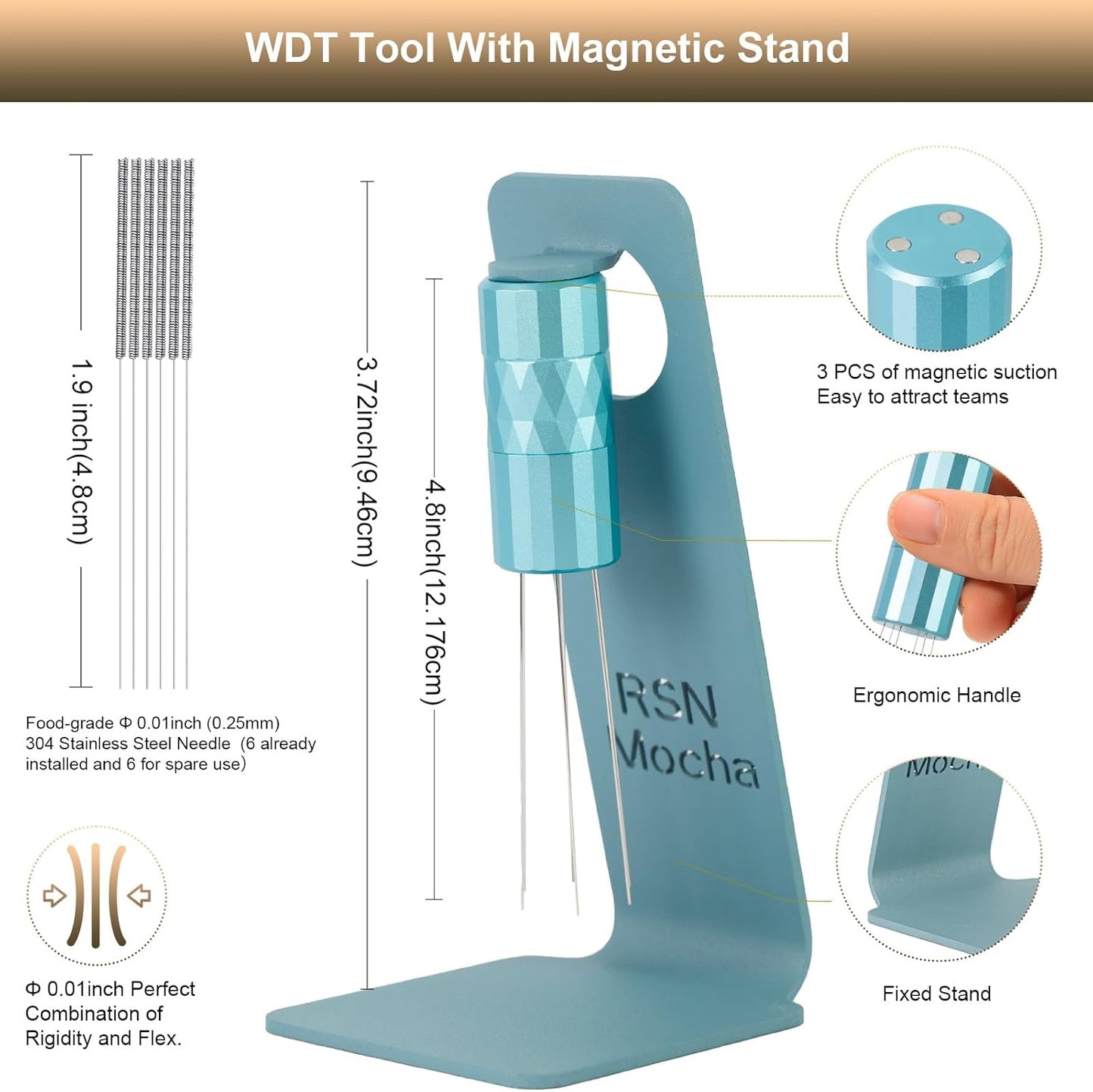 WDT Tool Espresso Distribution Tool,Coffee Distribution Tool with Magnetic Stand, Espresso Accessories with 6 Extra Φ0.25mm Stainless Steel Needles for Barista (Mint Green, Φ0.25mm)