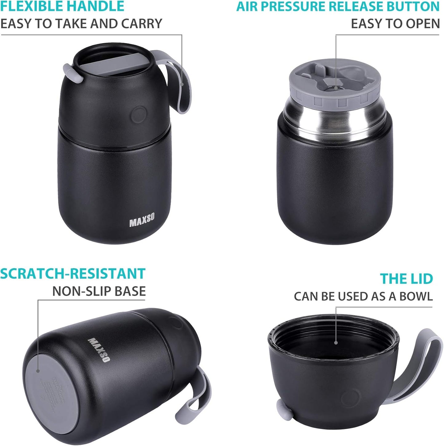 Insulated Thermo Food Jar for Hot & Cold Food for Kids Adult, 17 oz Soup Thermal Hot Food Containers for Lunch, Triple Layer Insulation Stainless Steel Food Jar with Spoon (Black)