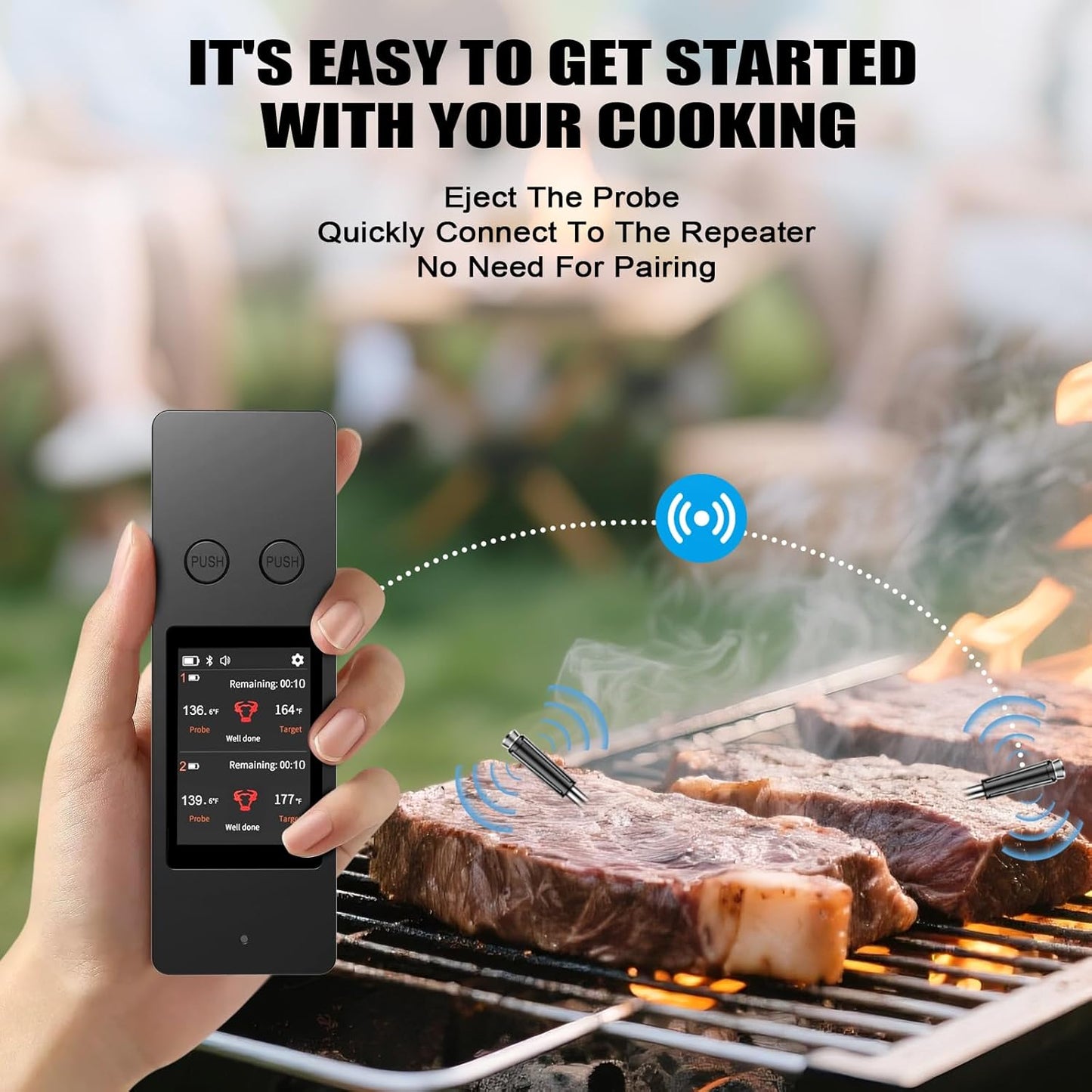 Smart Wireless Meat Thermometer, [2025 New ]，2 Upgraded Ultra-Thin Probe，No App＆Large HD Touch Screen，800FT Range，1000°F Heat Safe,IP67 Waterproof,Perfect for Kitchen, BBQ, Grill, Oven, Smoker