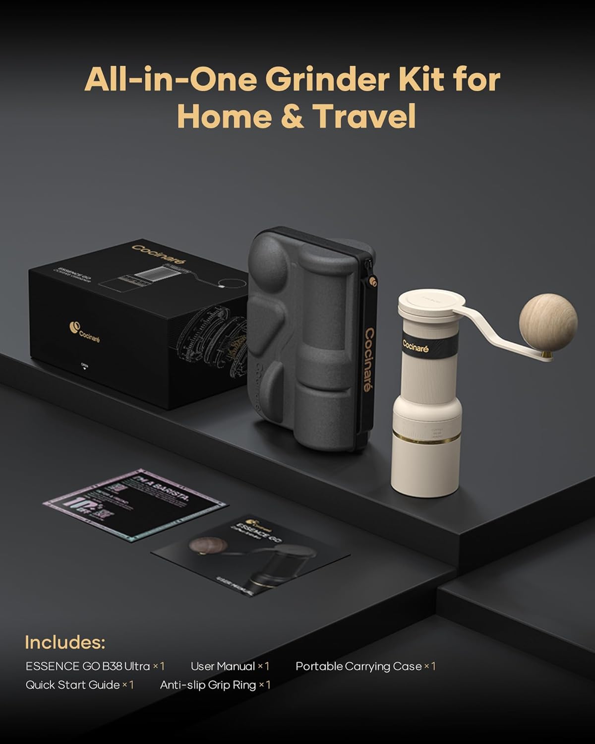 Cocinare ESSENCE GO B38 Ultra Manual Coffee Grinder – with Carrying Case Hand Grinder Capacity 30g, GhostEdge Ultra Burr & 80 Grind Settings, Perfect for Pour-over, Espresso, Cold Brew (Vintage White)