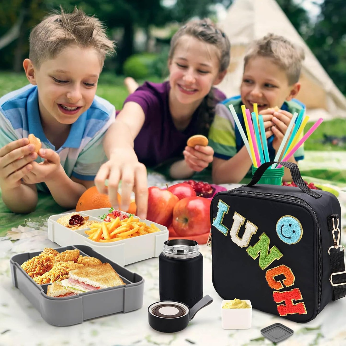 Insulated Lunch Bag for Boys Girls with 10oz Thermo, with 6 Compartment Bento Box, Black Nylon Preppy Lunch Box Adjustable Strap for Boy Girl Kids Teens School Travel Picnic