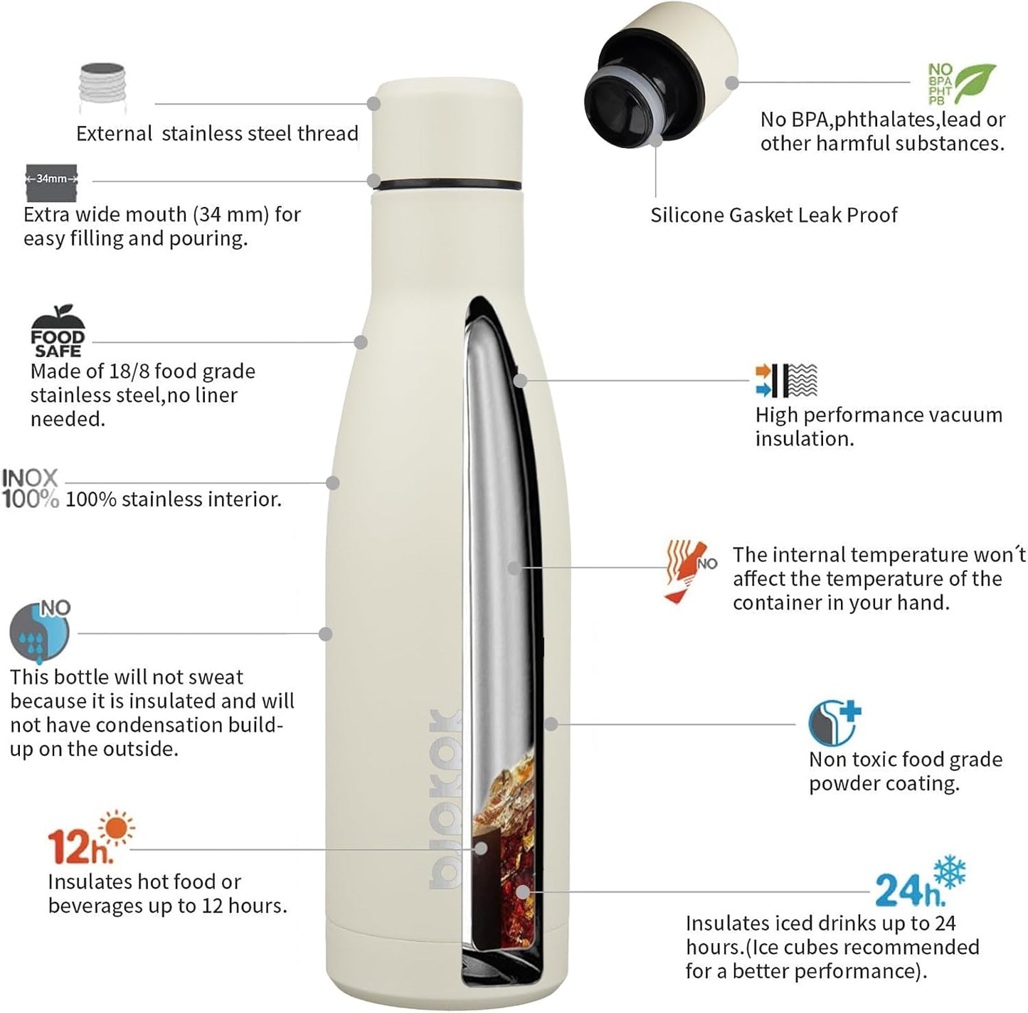 BJPKPK 17oz Insulated Water Bottles Stainless Steel Sports Water Bottles Keep Cold and Hot for Travel Dishwasher Safe,Beige