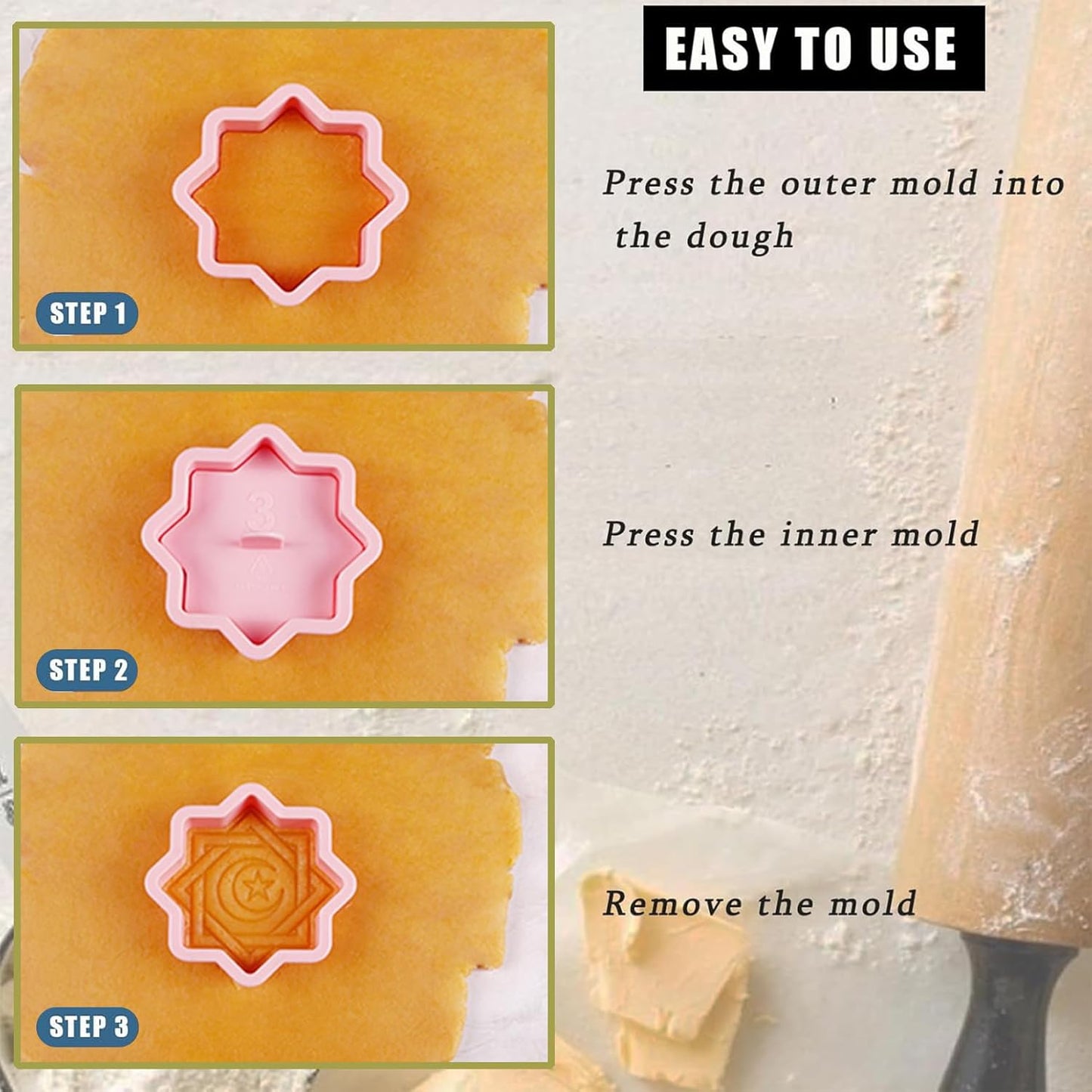 10 Pcs Eid Mubarak Cookie Cutters Set Baking Molds 3D Christmas Press type Cookie Cutter for Baking, Fondant, Cheese, and Pastries