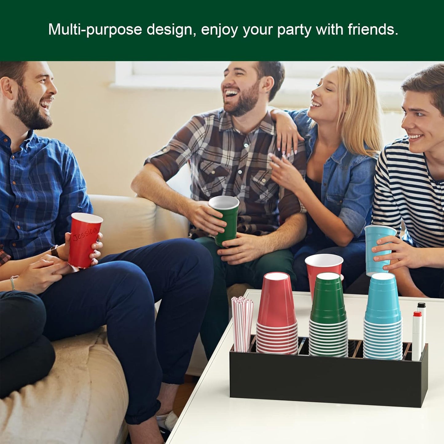 Triple Cup Holder with Marker Slot, Party Cup Dispenser Acrylic Cup Organizer Mark Your Cup and Drink Up Caddy Modern Bar Counter Decor, Black