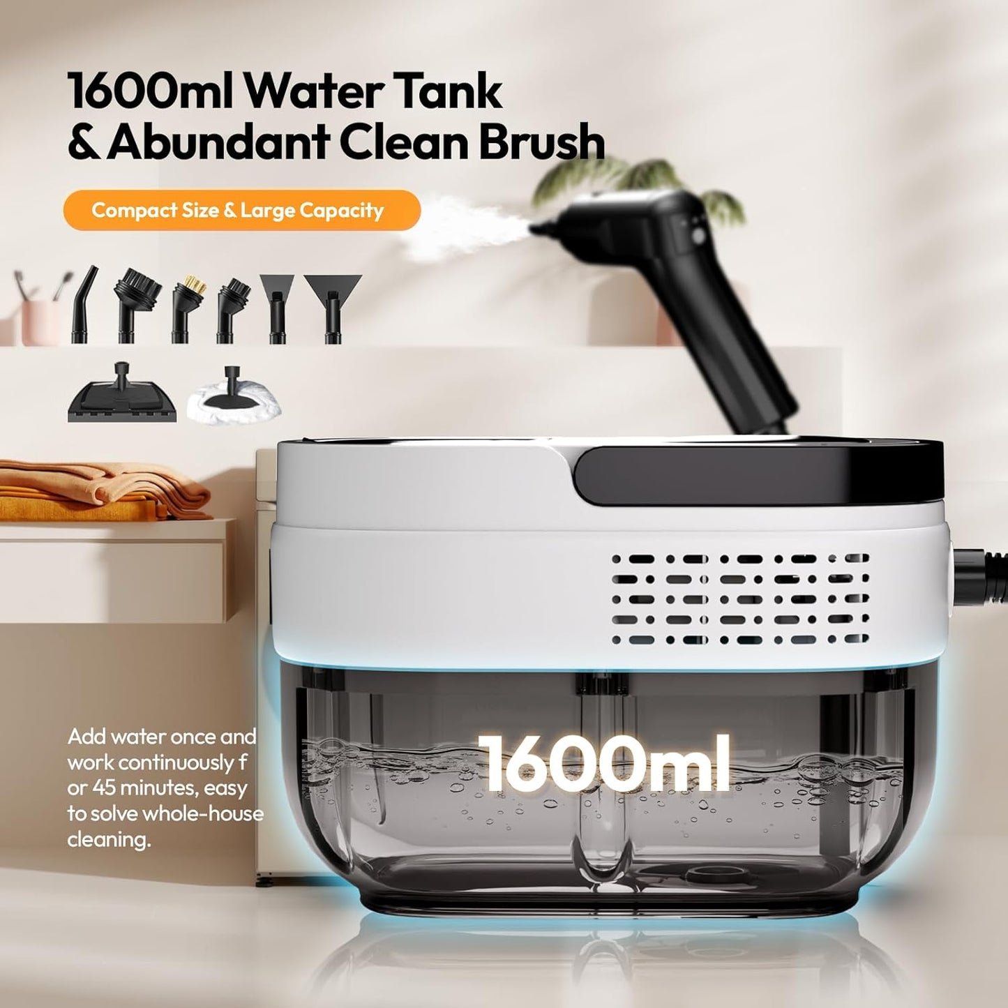 Steam Cleaner for Home, Steam Cleaner 2500w, High Pressure Steamer for Cleaning, 1.6L Water Tank, 3 Level Steam Control, High Heat Handheld Steamer for Kitchen, Bathroom, Upholstery, Car, Furnitur