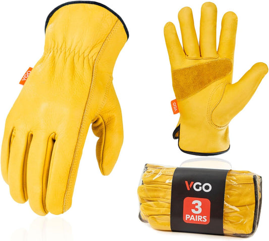 Vgo 3-Pairs Unlined Cow Grain Leather Work and Driver Gloves with Cow Split Leather Palm Patch (Size XXL, Gold,CA9590)